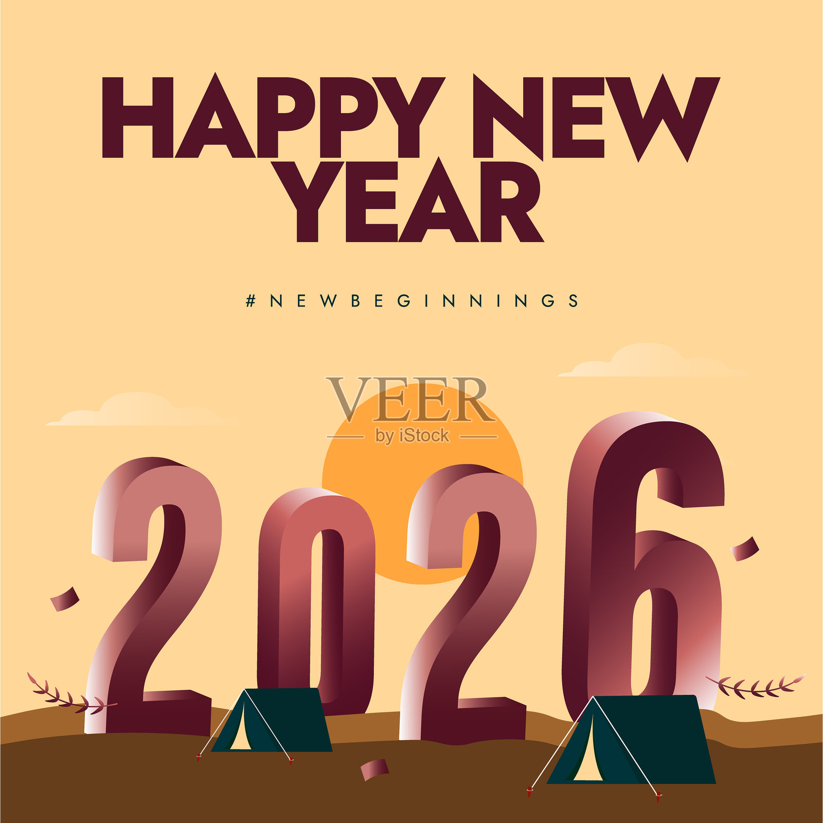 2026年快乐新年。2026年新年社交媒体帖子，带有3D数字和山景帐篷。现代新年祝福卡、帖子、传单、宣传册。矢量插图插画图片素材