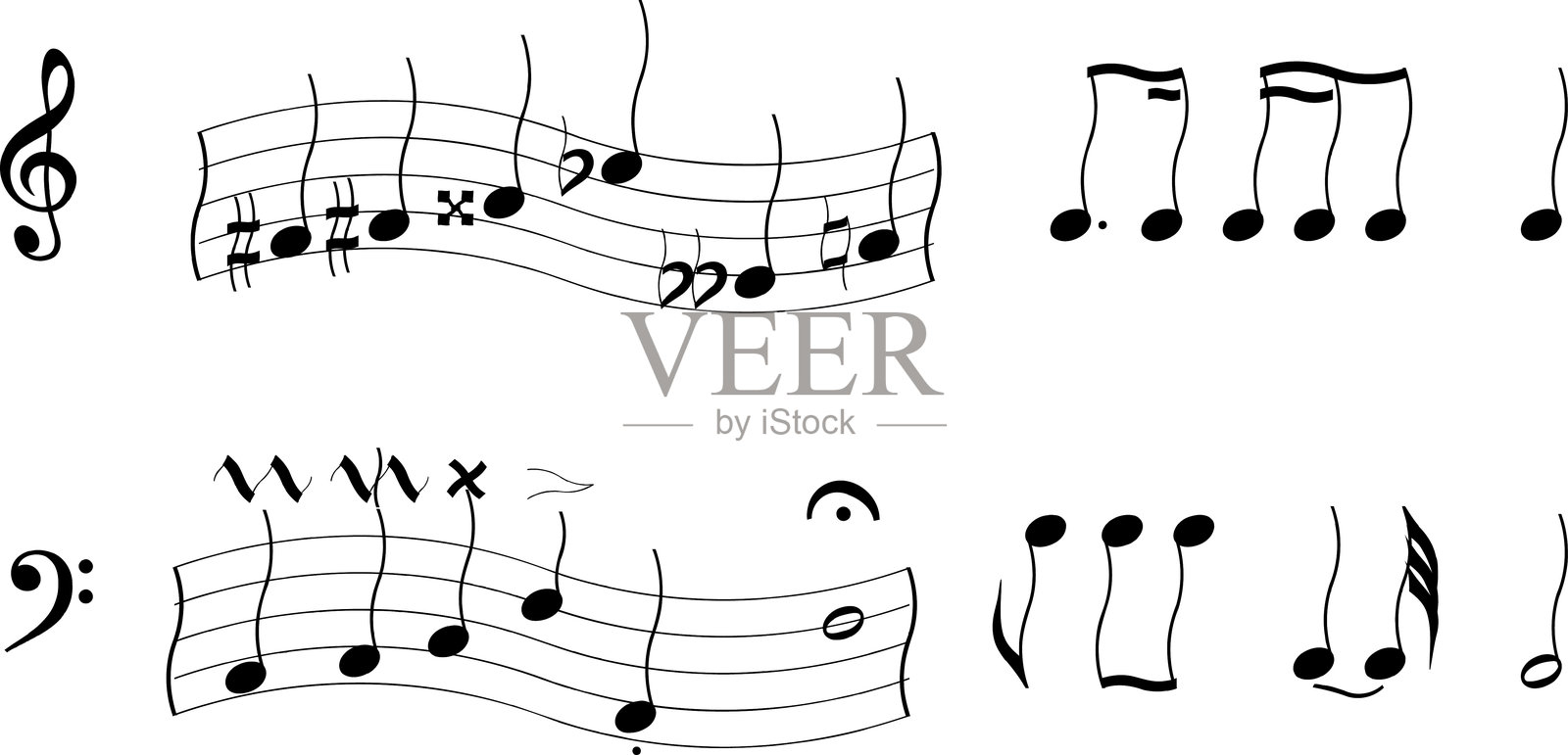 透明背景上的涂鸦漫画风格音乐音符矢量艺术插图。音符、乐谱、音阶、休止符、升降符及其他音乐符号。音乐音符符号矢量插图。插画图片素材