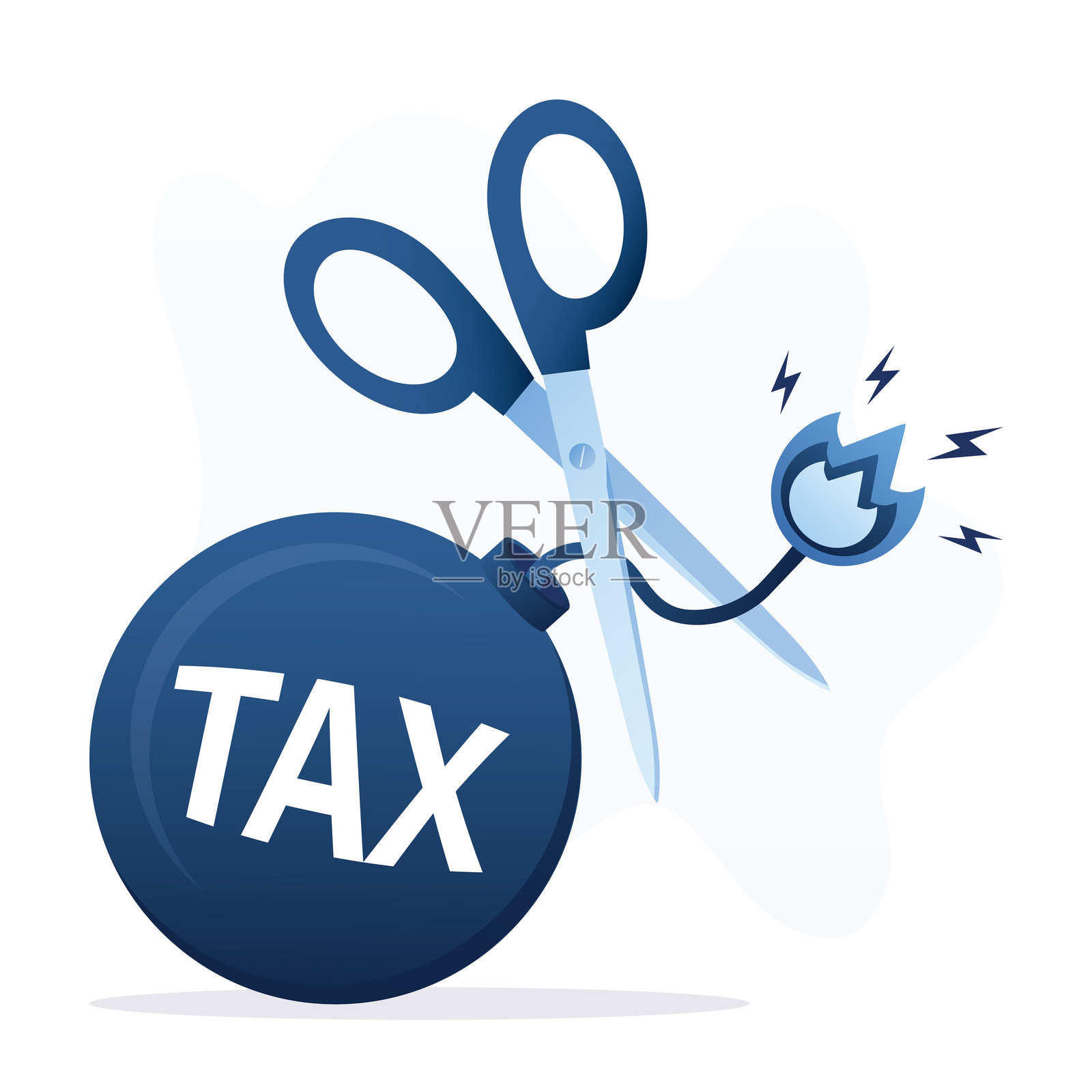 剪刀剪断巨型炸弹的引线。剪刀切割税务炸弹。减轻债务和税负的压力。现代蓝色时尚风格设计。插画图片素材