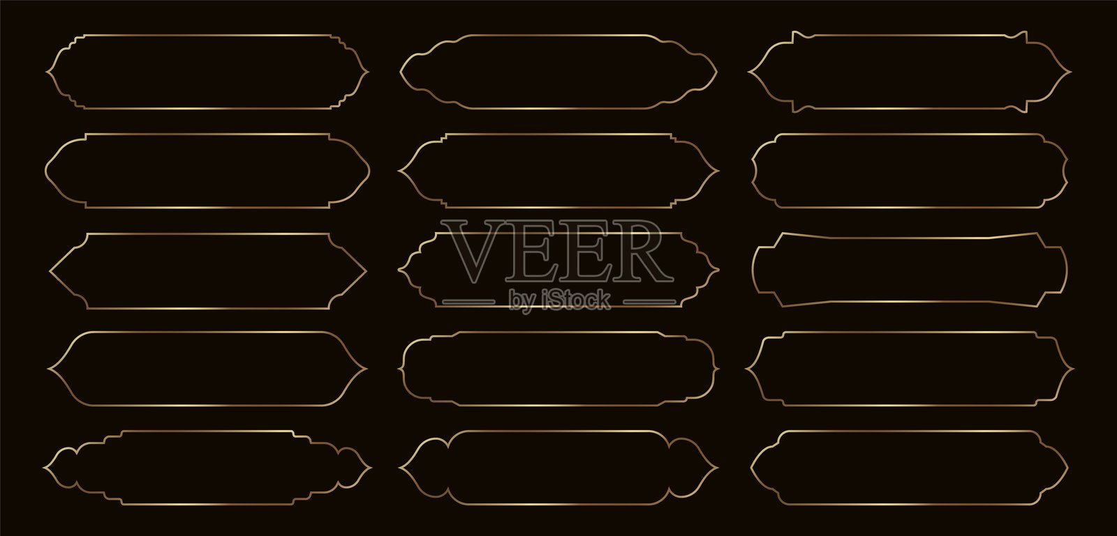 阿拉伯金色框架。斋月横幅，伊斯兰金色奢华丝带，穆斯林复古标签。阿拉伯文本框和复古标题框矢量孤立套件插画图片素材