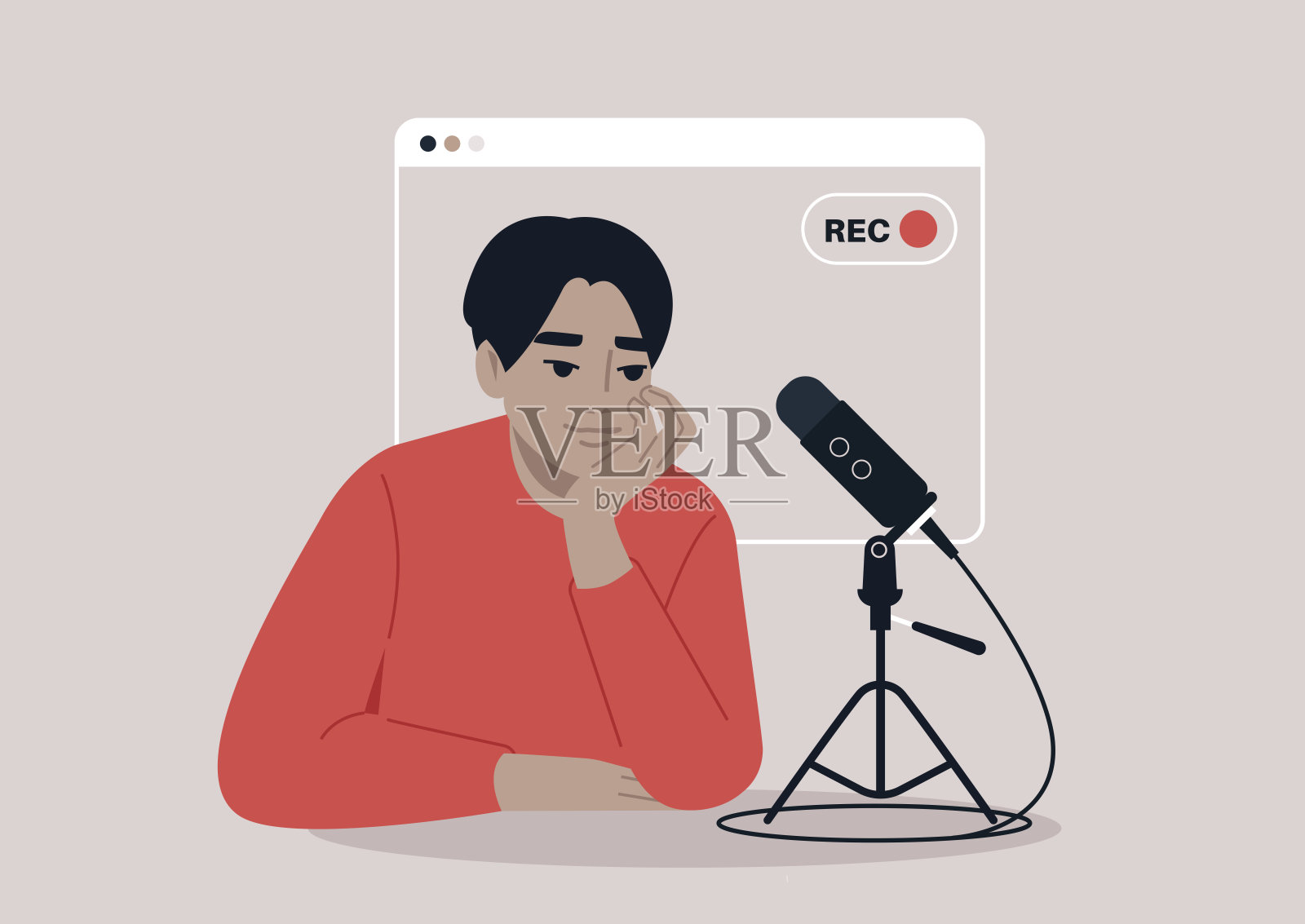 主持人坐在直播播客麦克风旁，沉思着，沉浸在创意中，捕捉引人入胜的讨论，与热切的观众分享，环境温馨舒适。插画图片素材