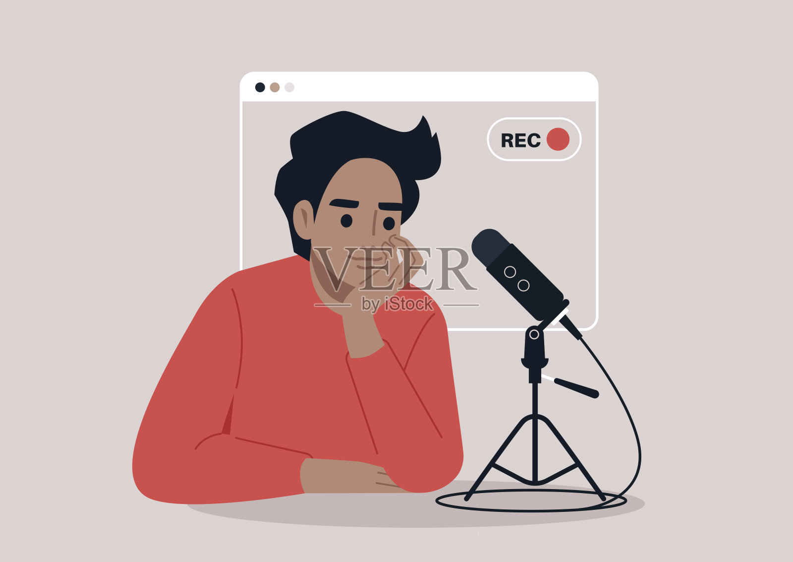 主持人坐在直播播客麦克风旁，沉思于创意中，捕捉引人入胜的讨论，与热切的观众分享，环境温馨舒适。插画图片素材