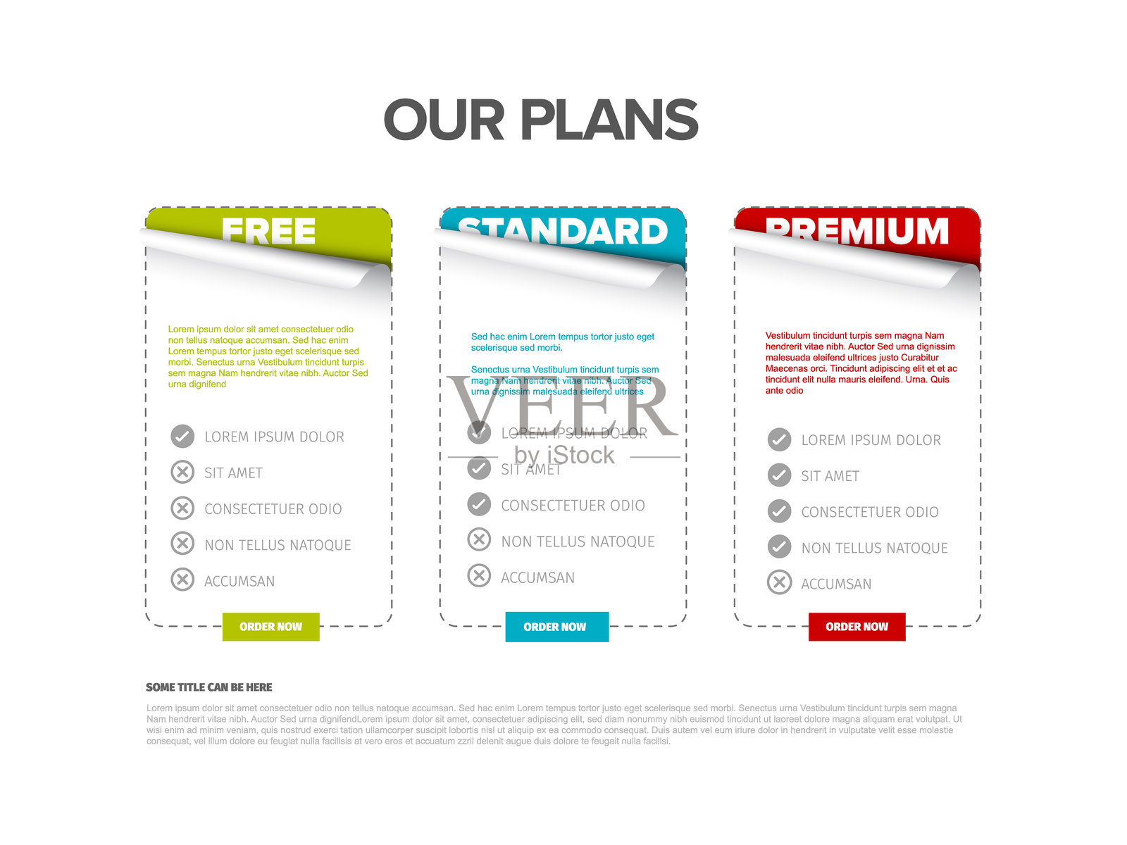 三个产品卡片特征模板，带有订单按钮插画图片素材