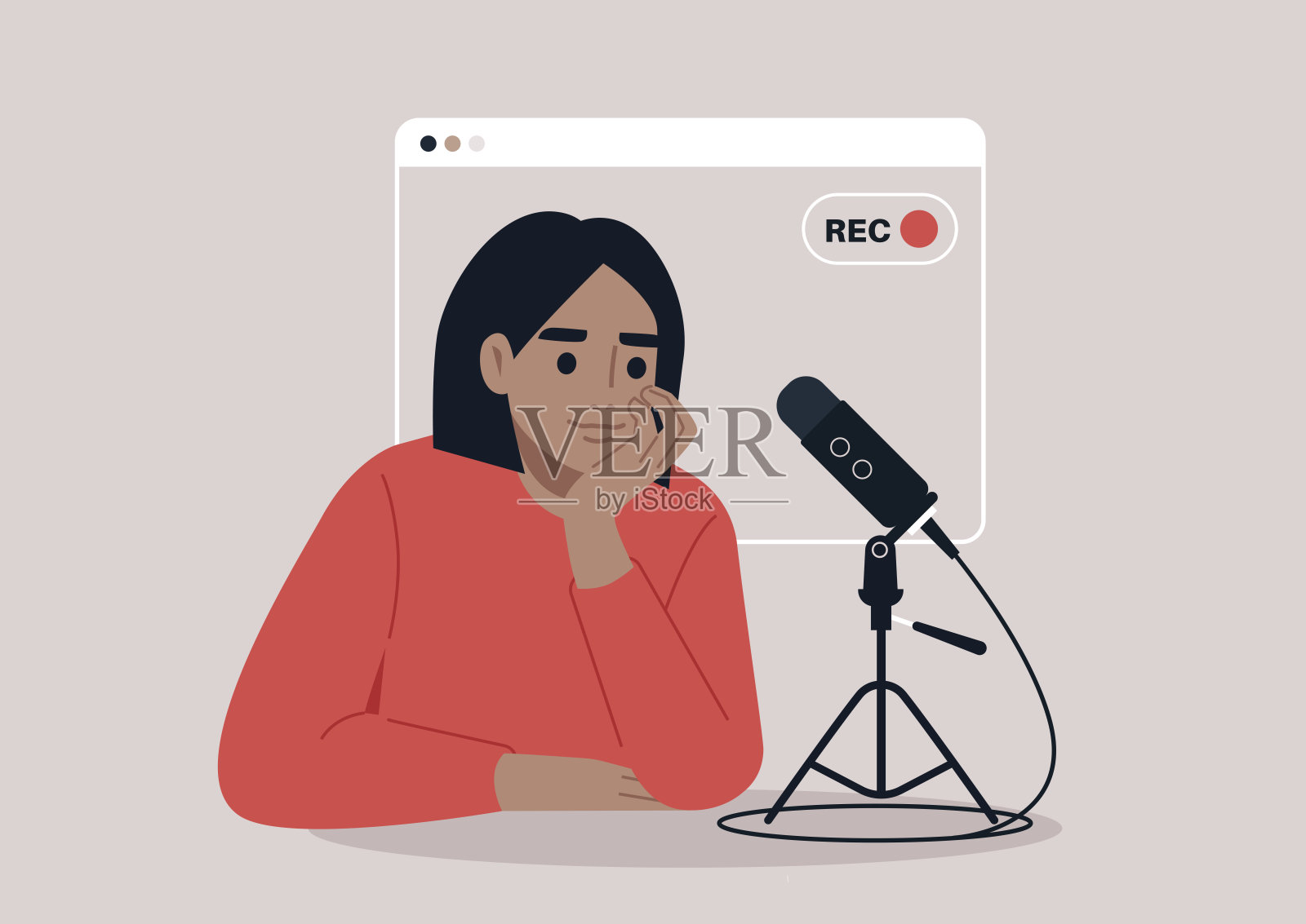 主持人坐在直播播客麦克风旁，沉思于创意中，捕捉引人入胜的讨论，与热切的观众分享，环境温馨舒适。插画图片素材