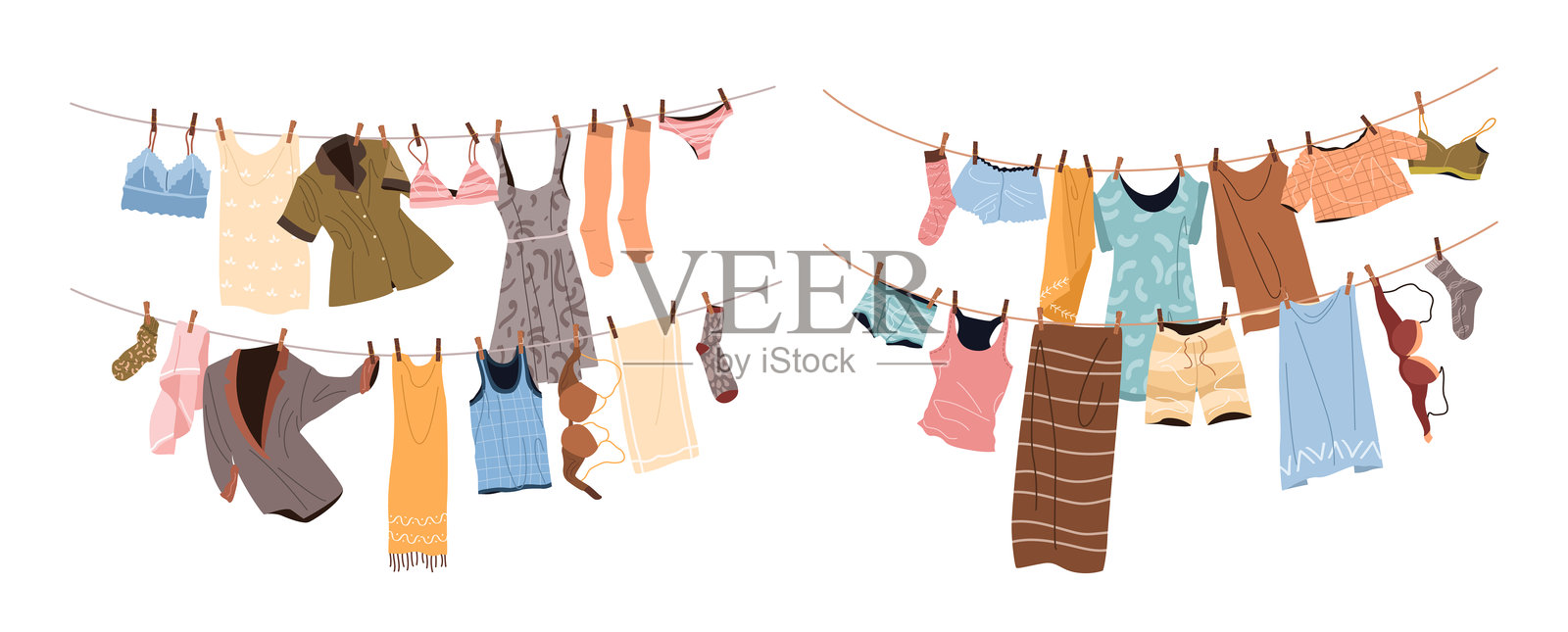 干净的衣物在晾衣绳上晾晒。插画图片素材
