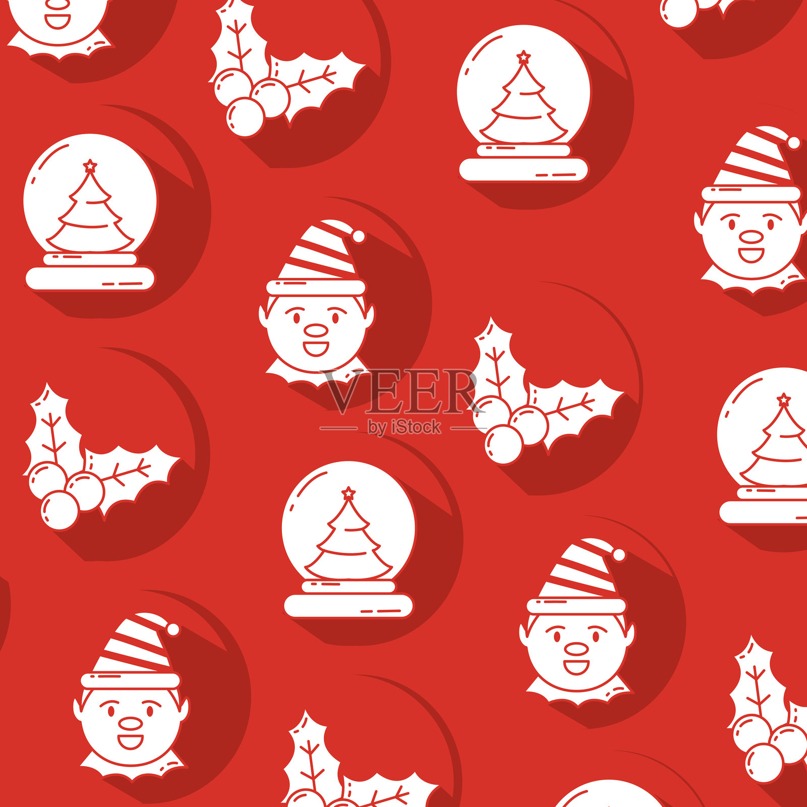 圣诞精灵、冬青和雪花球图案矢量图插画图片素材