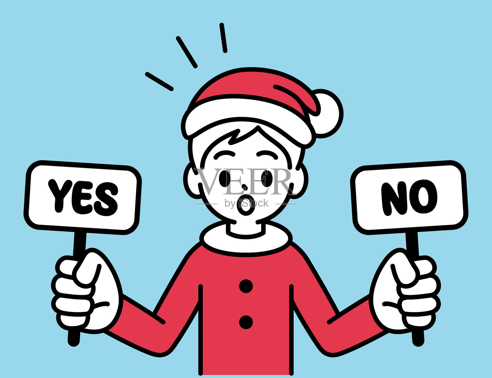 一个穿着圣诞服装的无辜男孩，手持“是”标志和“否”标志，注视着观众，极简风格，黑白轮廓。插画图片素材