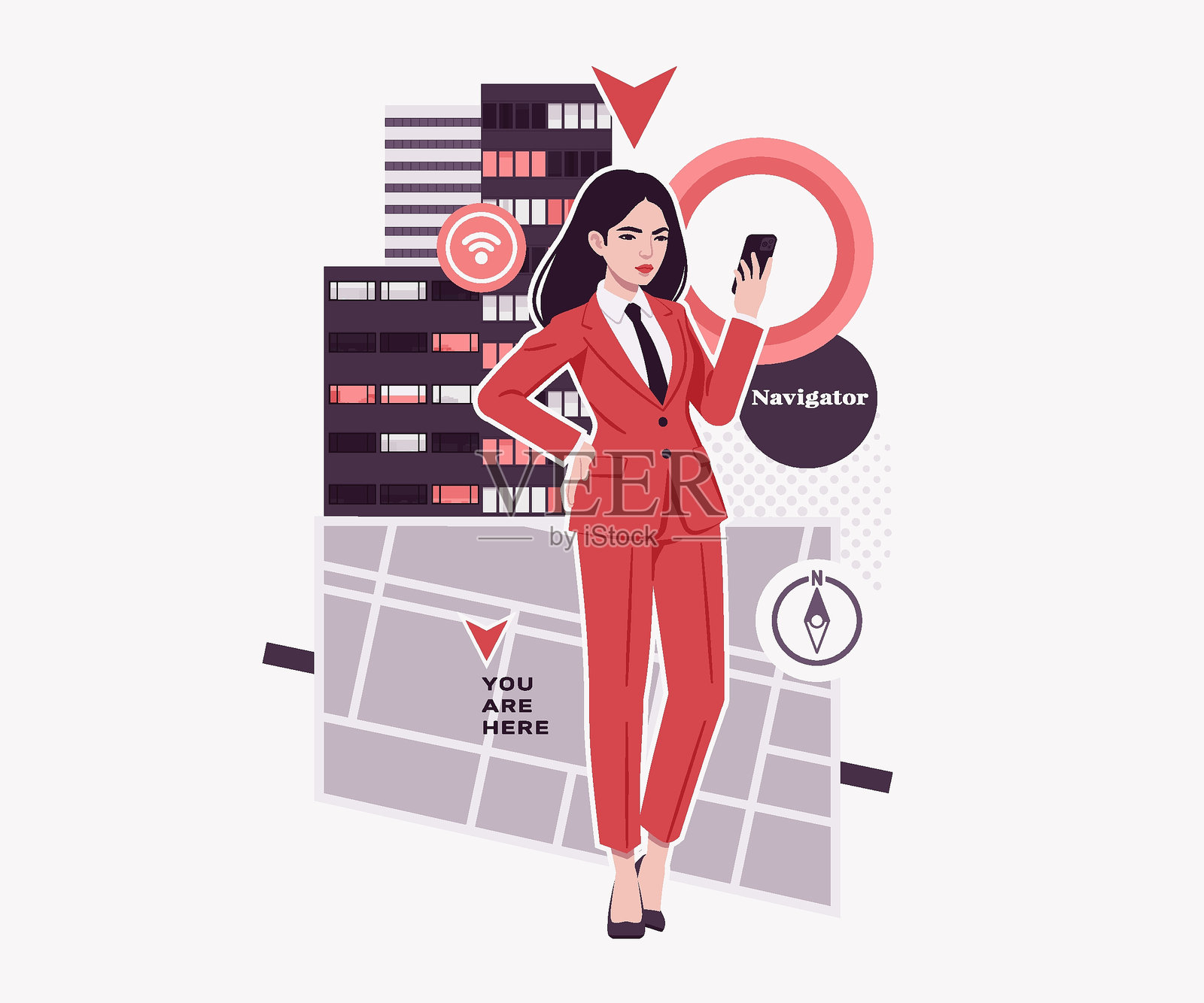 雄心勃勃的棕发女商人使用导航应用程序的手机用户插画图片素材