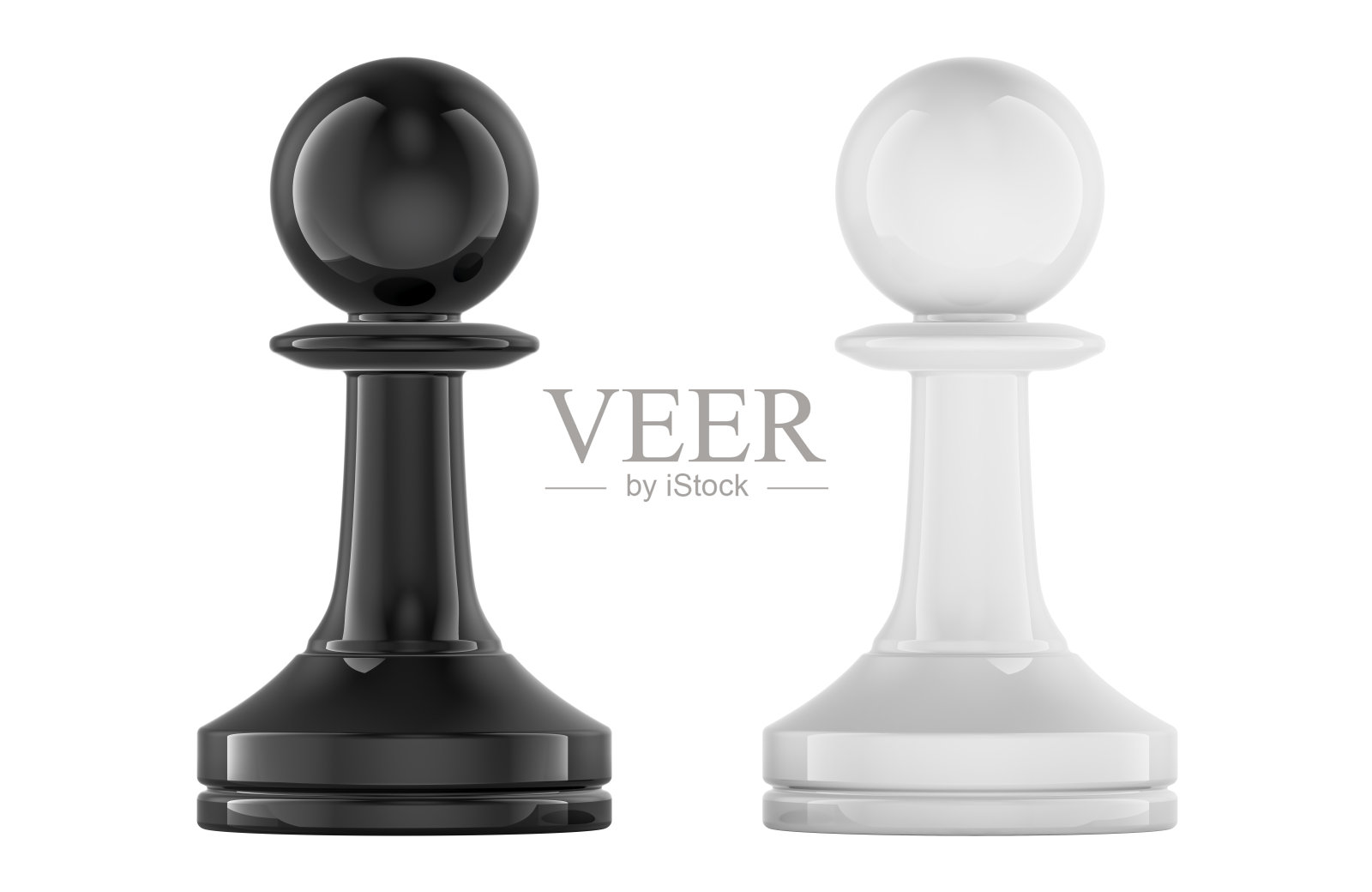 两个棋子相对而立。白色棋子与黑色棋子，面对面的对抗概念。3D渲染。照片摄影图片
