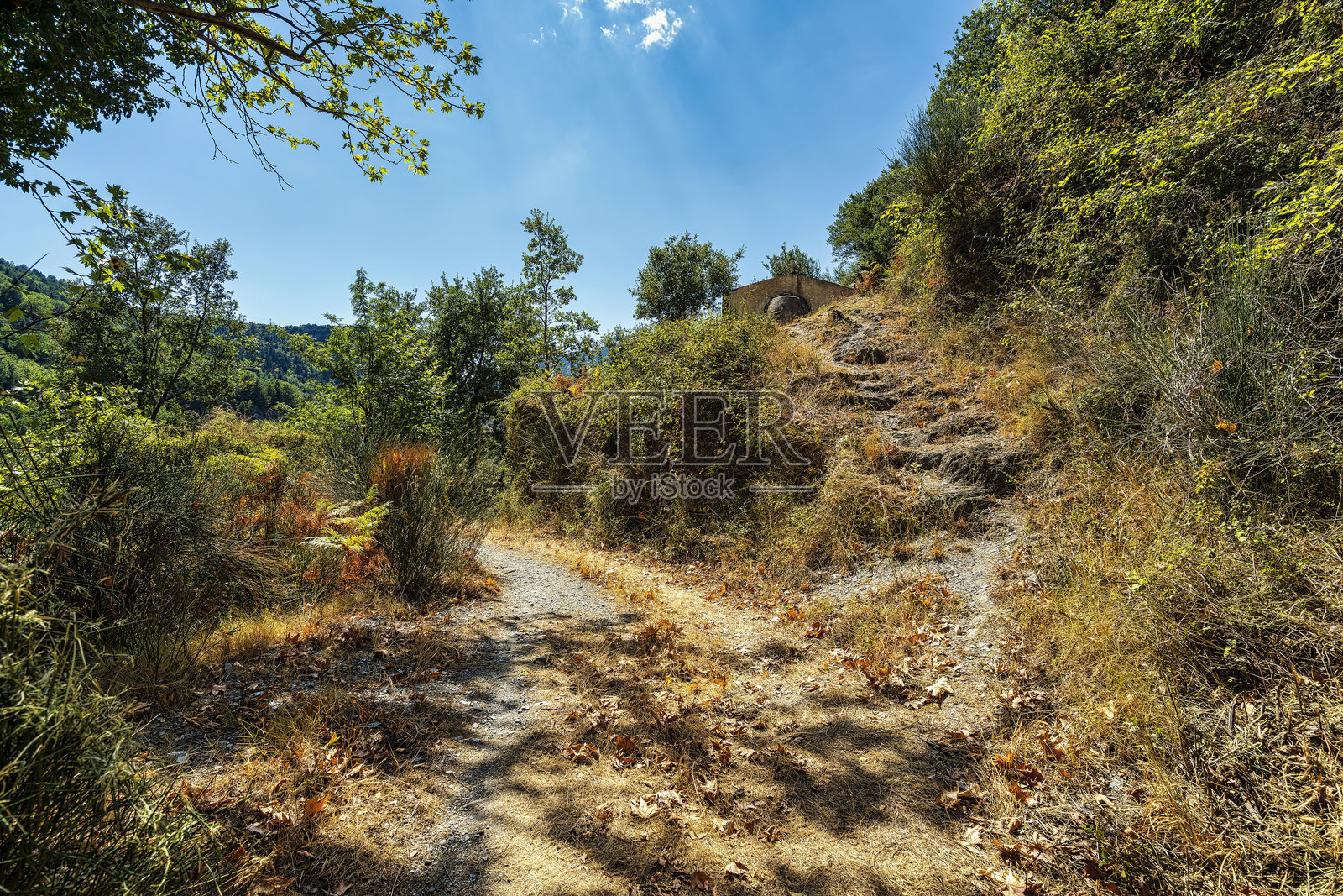 希腊梅西尼亚乡村小径上的小山坡教堂照片摄影图片