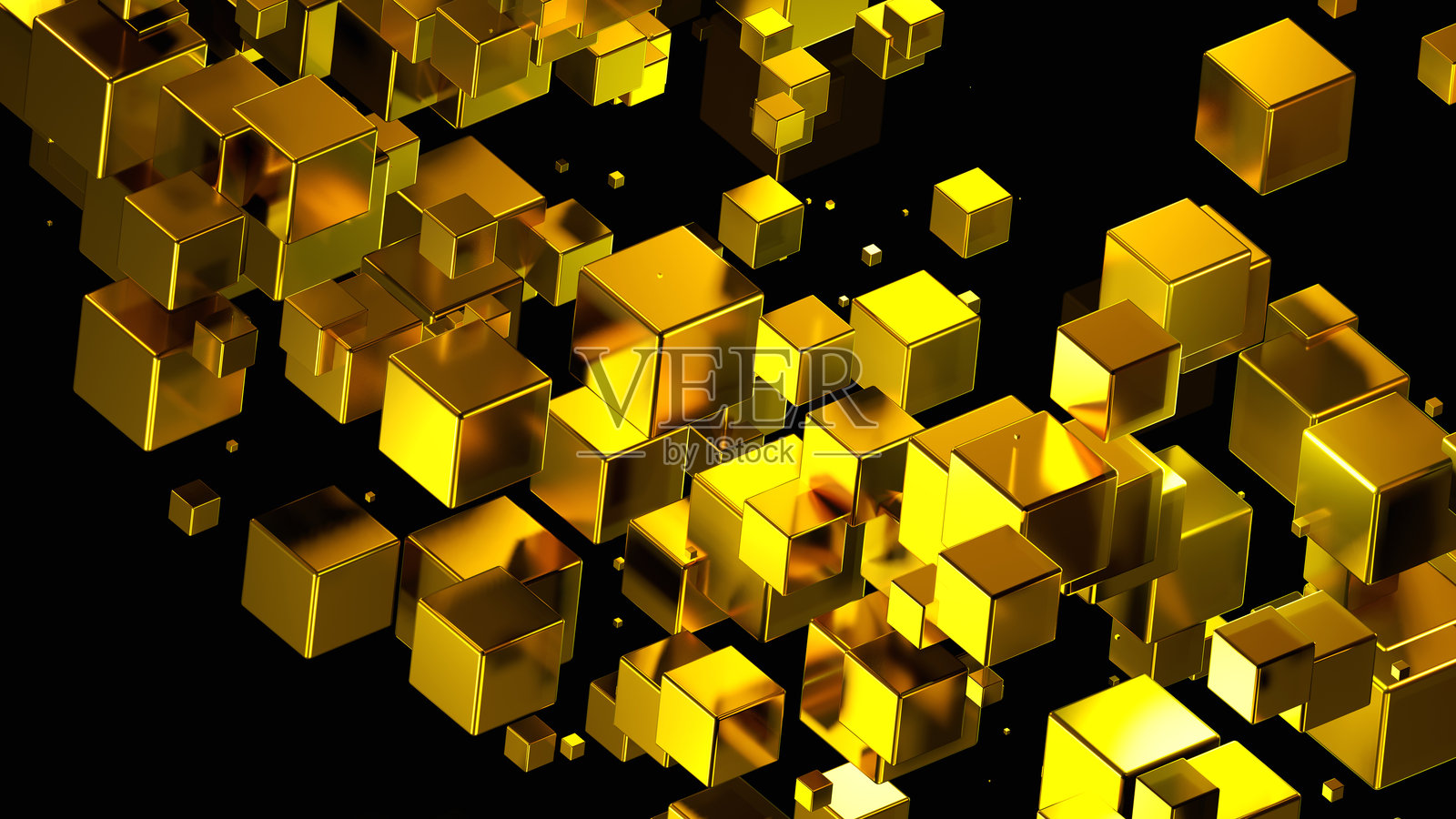 抽象科技背景，黑色空间中的金色3D立方体，发光的金色霓虹立方体。照片摄影图片