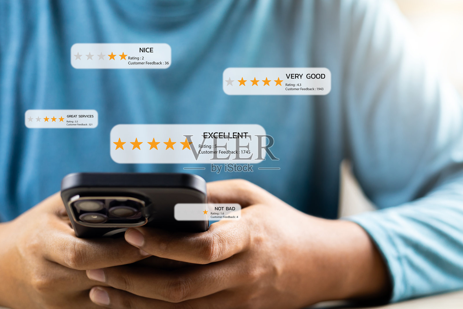 在线应用客户评价和满意度反馈概念，客户对服务体验进行评分并提供反馈，以改善质量和声誉，商业声誉排名。照片摄影图片