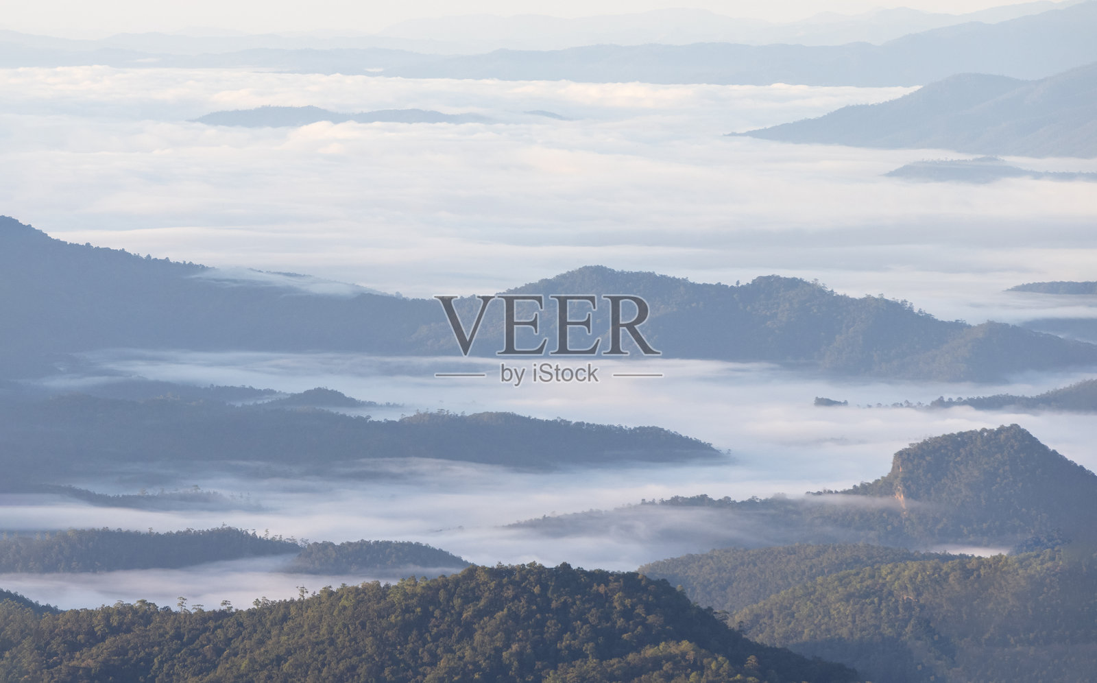 早晨的大山雾气，山顶美丽的雾海，山脉和雾的日出场景。照片摄影图片