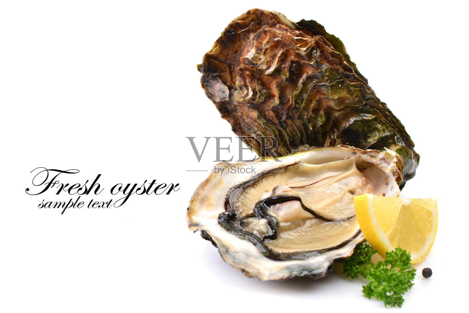 白色背景上的生蚝与柠檬照片摄影图片