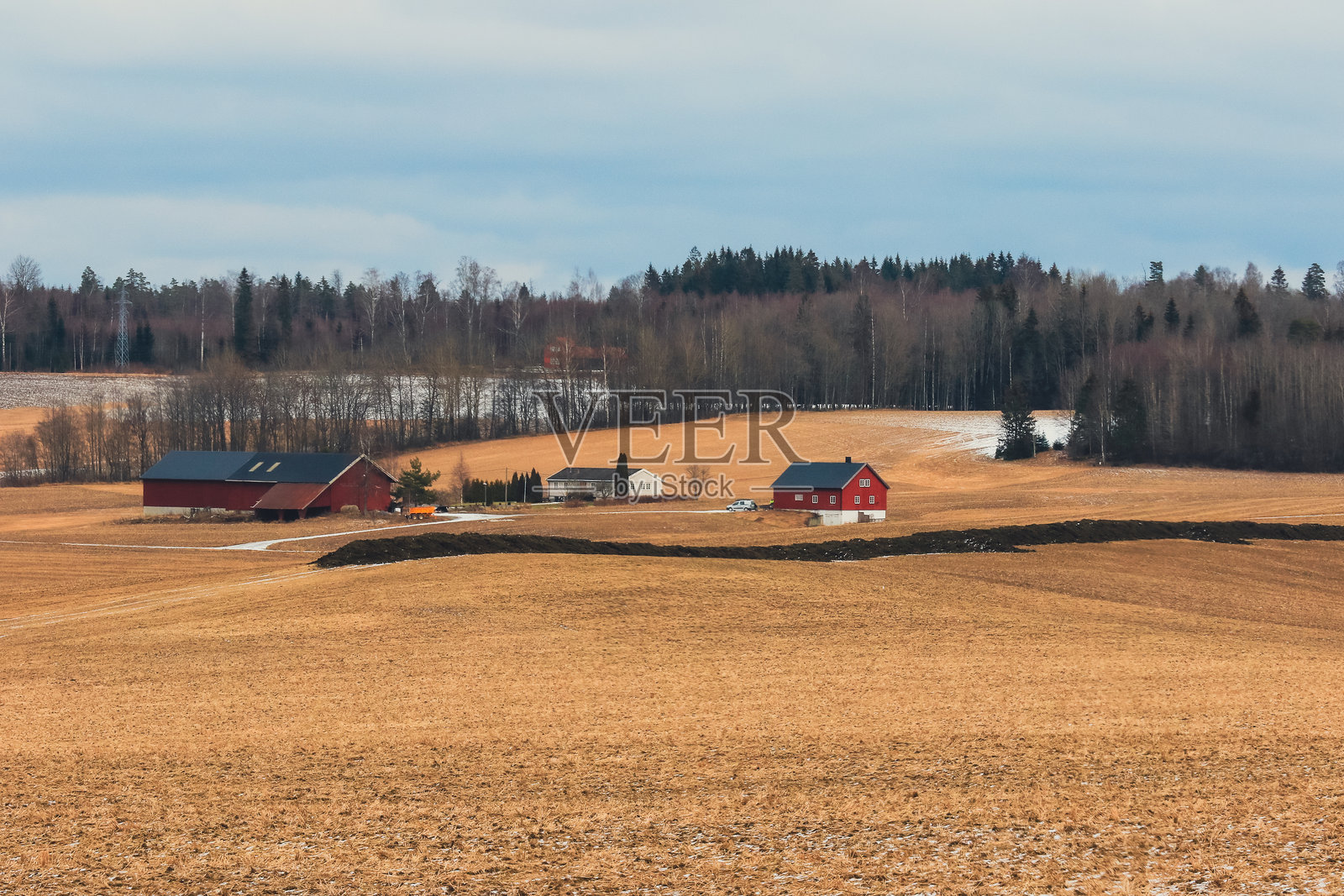 广袤的挪威乡村，红色木屋在初春的阴 cloudy sky 下。照片摄影图片