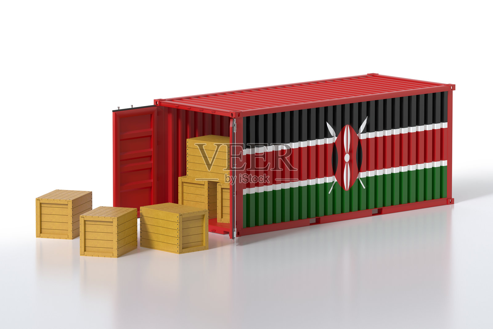 带有肯尼亚国旗的货柜正在卸货，旁边有木箱，背景为白色。照片摄影图片