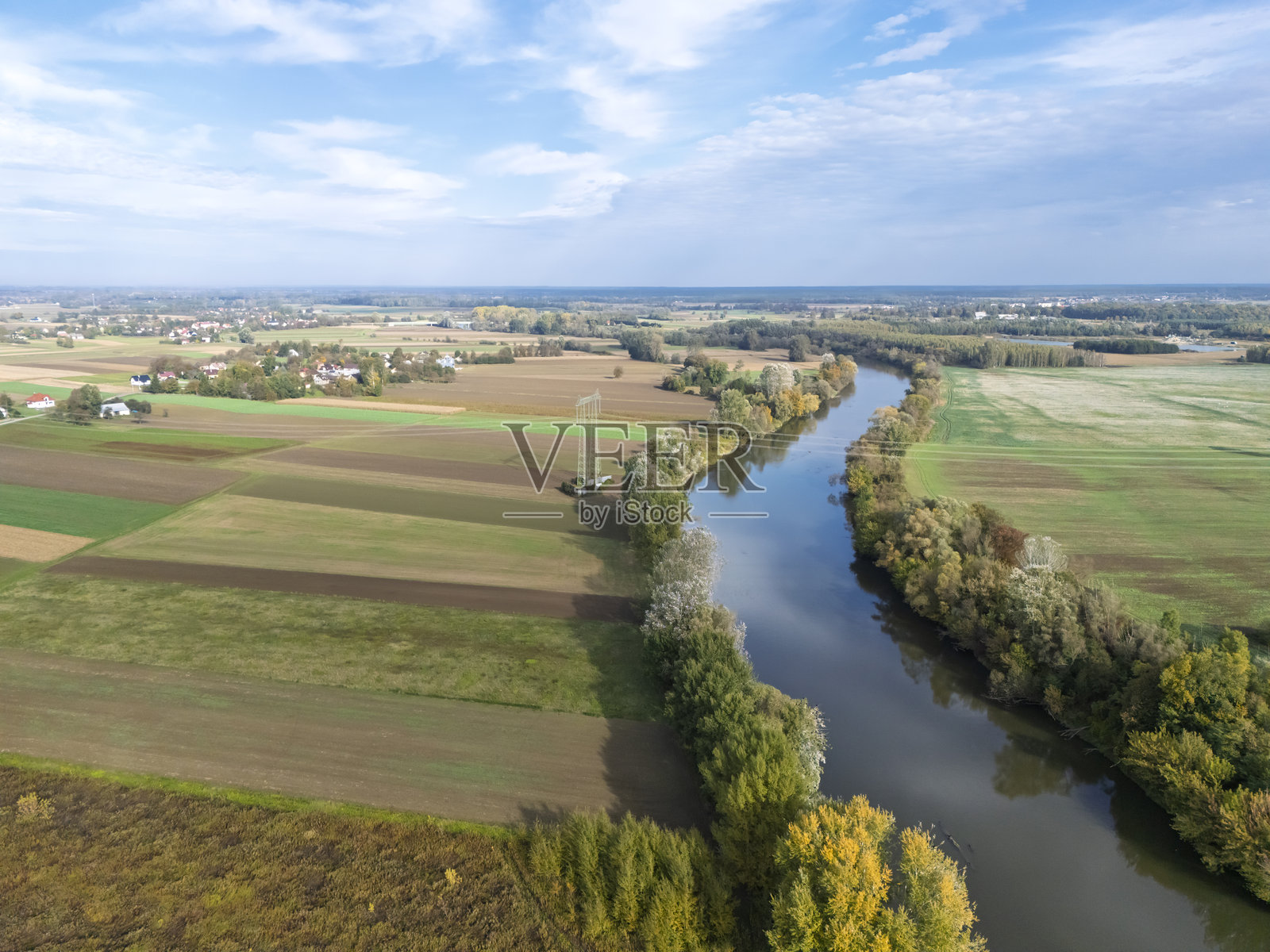美丽的鸟瞰图，展现了郁郁葱葱的绿地、蜿蜒的河流和清澈蓝天下的农田。照片摄影图片