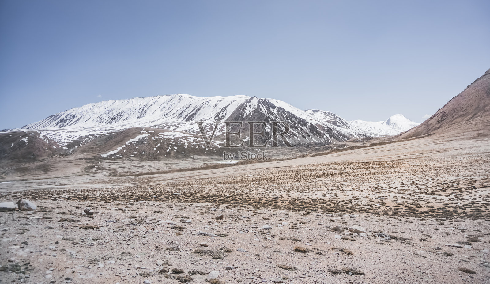 塔吉克斯坦帕米尔地区的天山山脉全景，夏季雪山和冰川的山脉全景。照片摄影图片