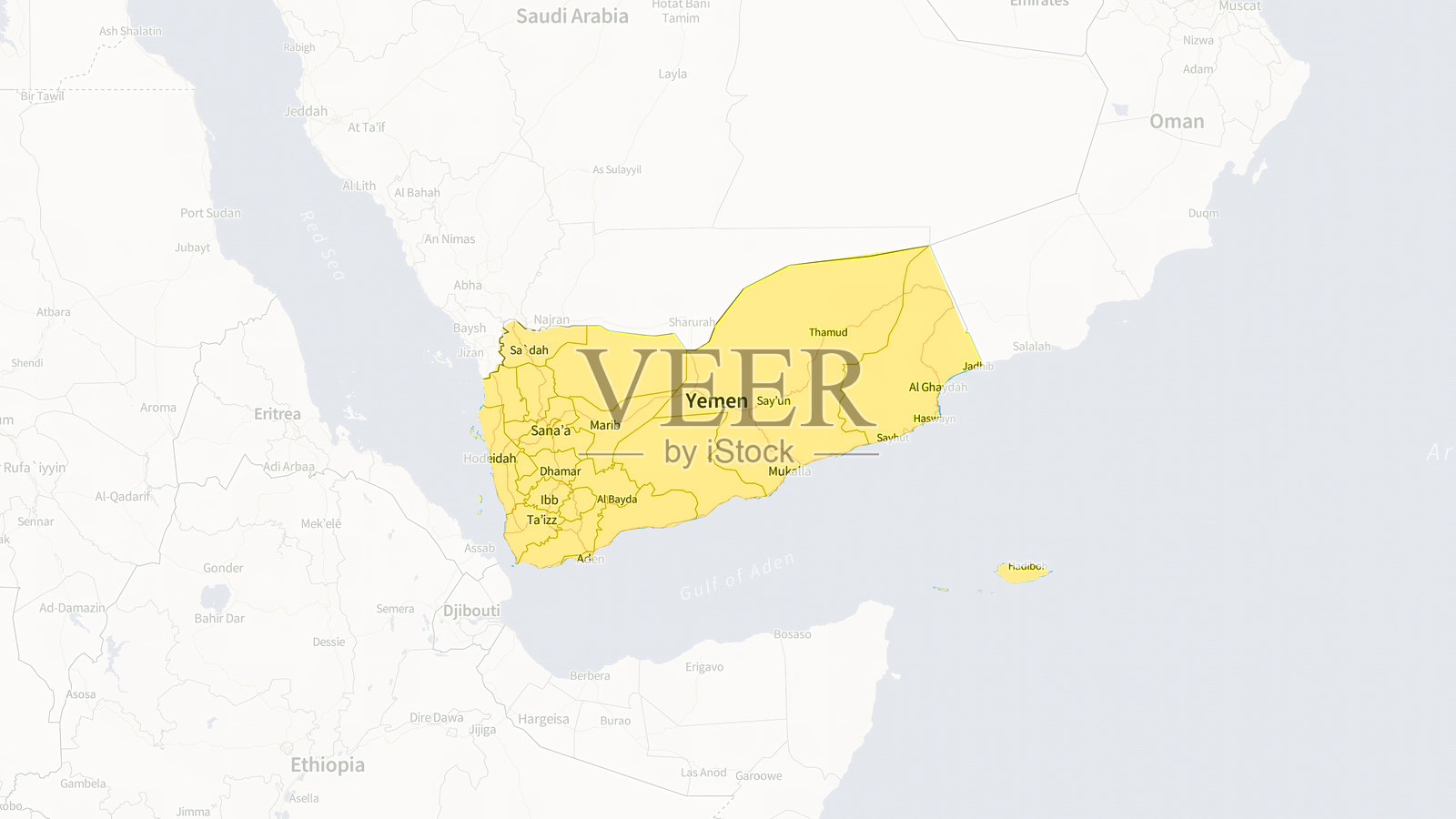 突出显示的也门地图，黄色国家强调照片摄影图片