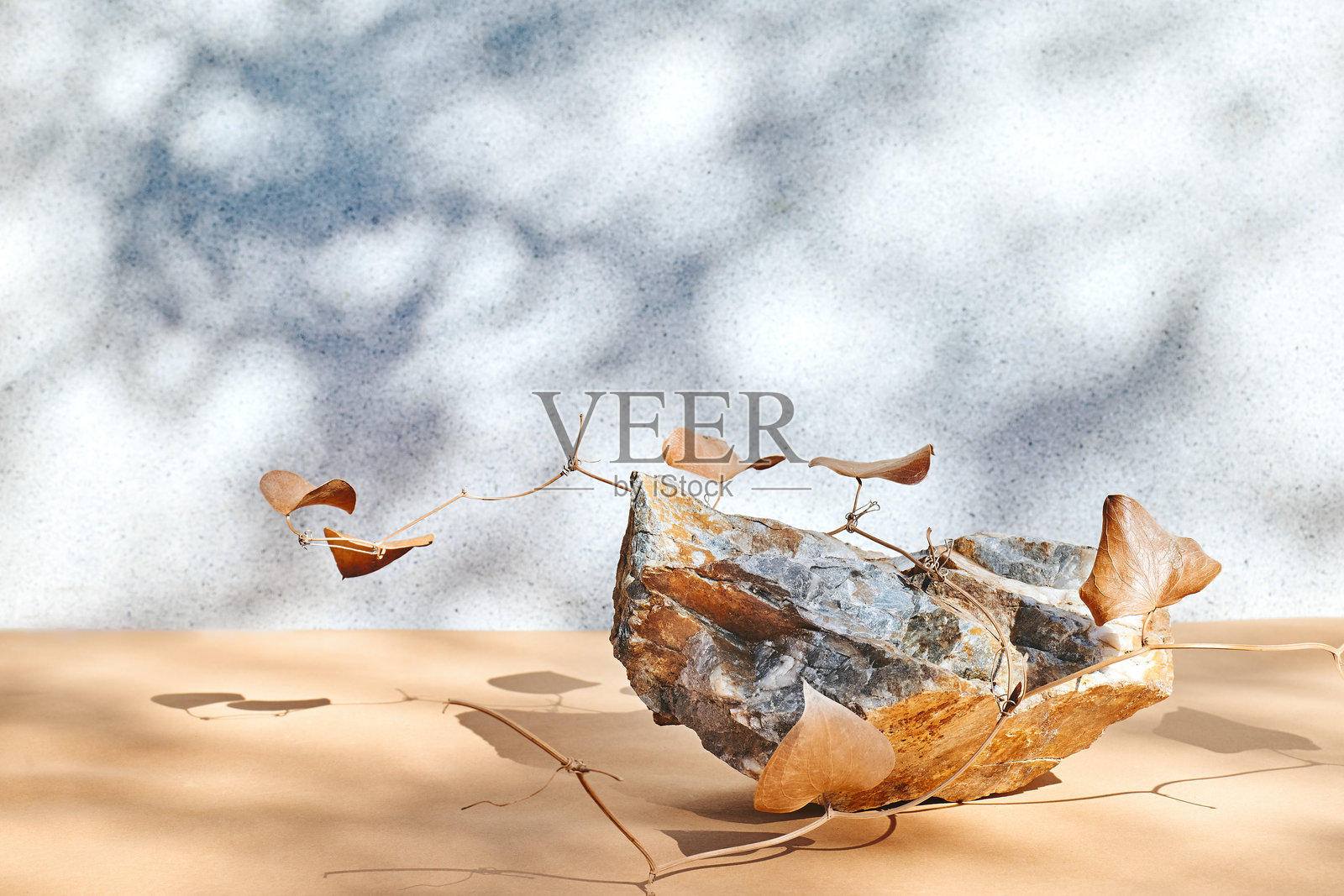 白色石头作为讲台，在浅色背景上展示，带有阴影，适合产品展示。底座支架。化妆品或生态美容产品推广的时尚极简风格模型。照片摄影图片