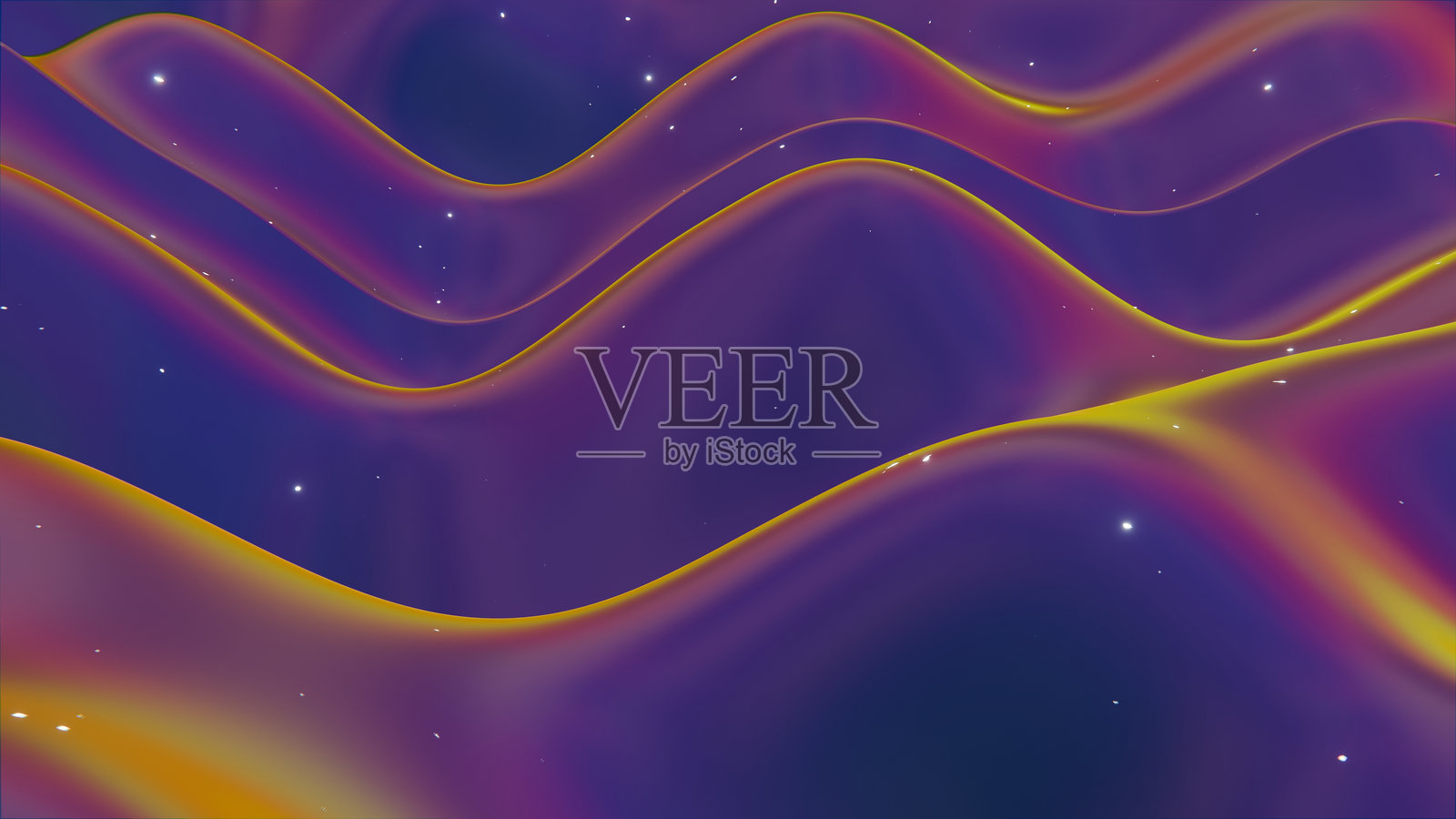 紫色和黄色调的抽象流动波浪，点缀星星的细节照片摄影图片