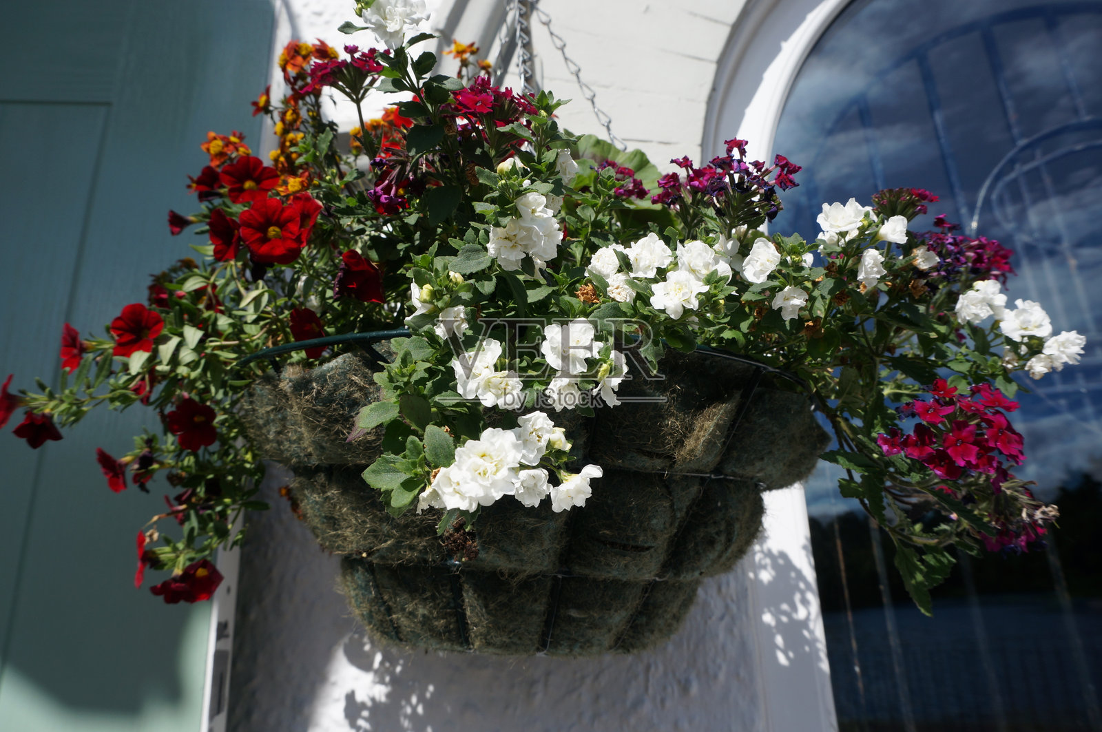 格拉斯哥，苏格兰，英国的多种花卉悬挂花篮照片摄影图片