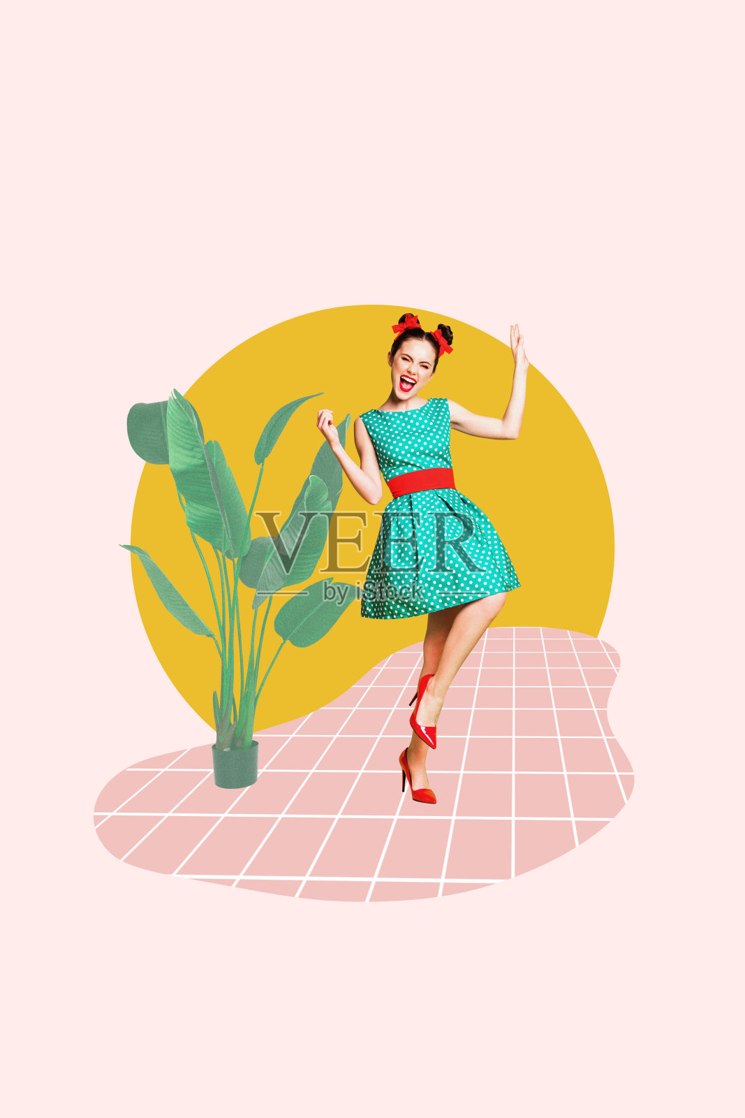 趋势艺术创意草图 3D 照片拼贴 复古风格的年轻女性穿着裙子，发型优雅，舞动着植物和花朵照片摄影图片