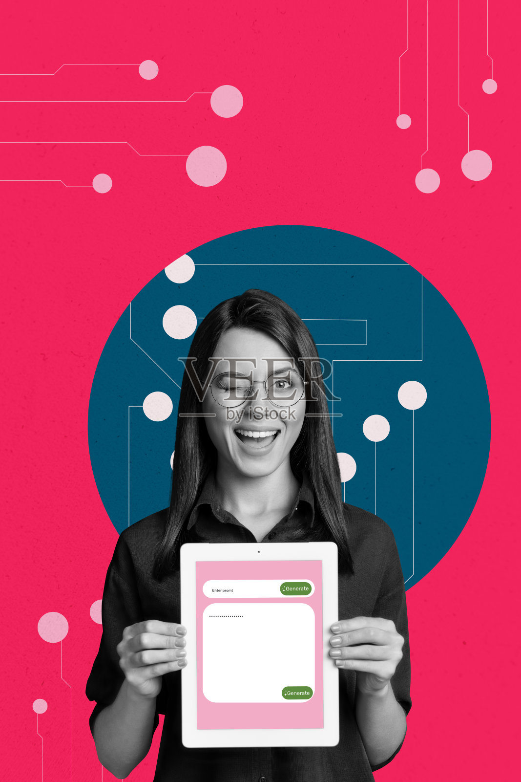 垂直照片拼贴，快乐女孩手持平板，展示GPT聊天网页生成器机器人助手软件提示，背景为涂鸦风格。照片摄影图片