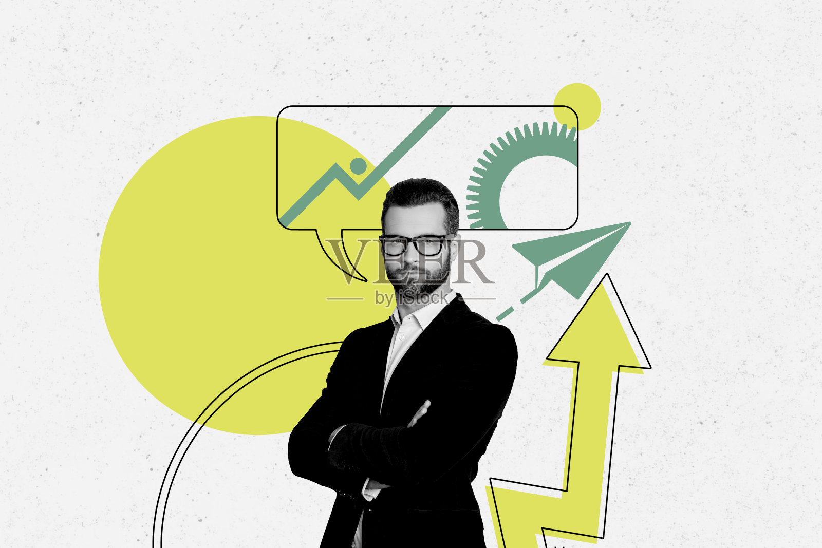 严肃商人交叉双手，箭头、发展、纸飞机、齿轮和进步的复合照片拼贴，背景为涂鸦风格。照片摄影图片