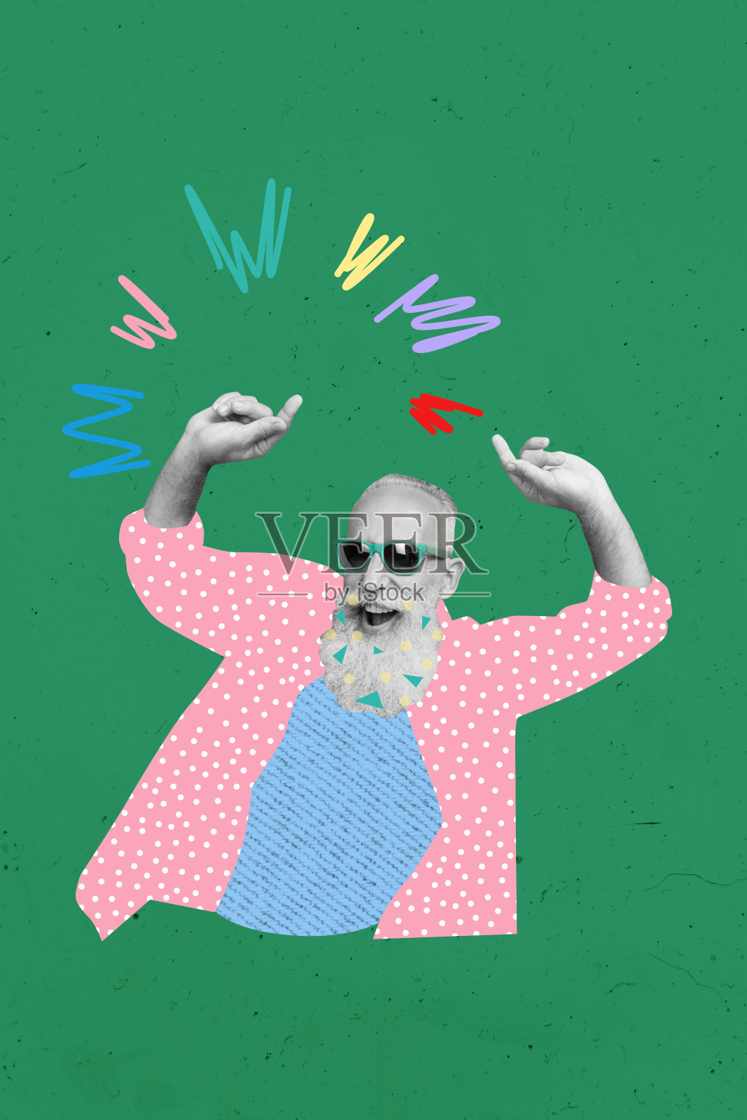 快乐的老年退休男士在庆祝生日活动中放松，背景为彩绘的垂直照片拼贴。照片摄影图片