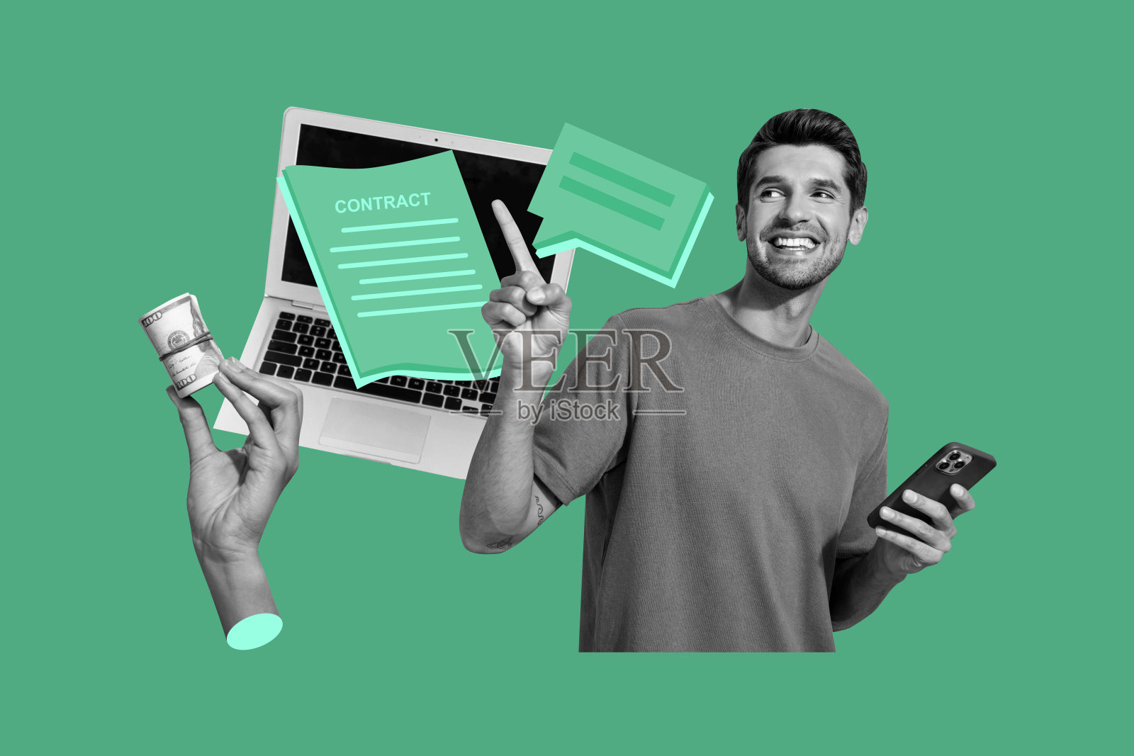 快乐的自由职业者手指着美元贿赂收入，使用笔记本电脑和手机，成功的合成照片拼贴，背景为涂鸦风格。照片摄影图片