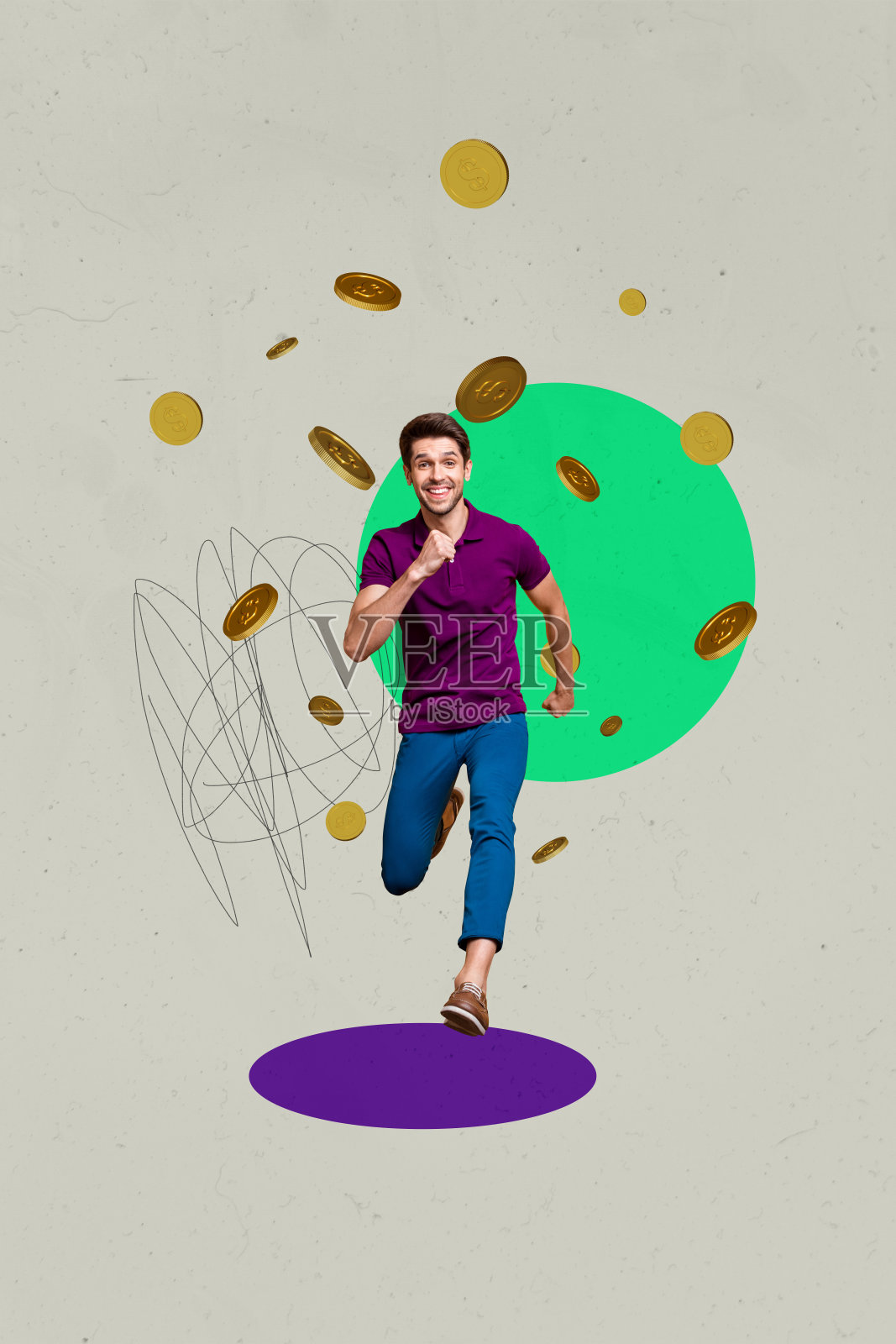 快乐男士奔跑的垂直照片拼贴，象征着收入、成功、商业利润、发展进步，背景为涂鸦风格。照片摄影图片