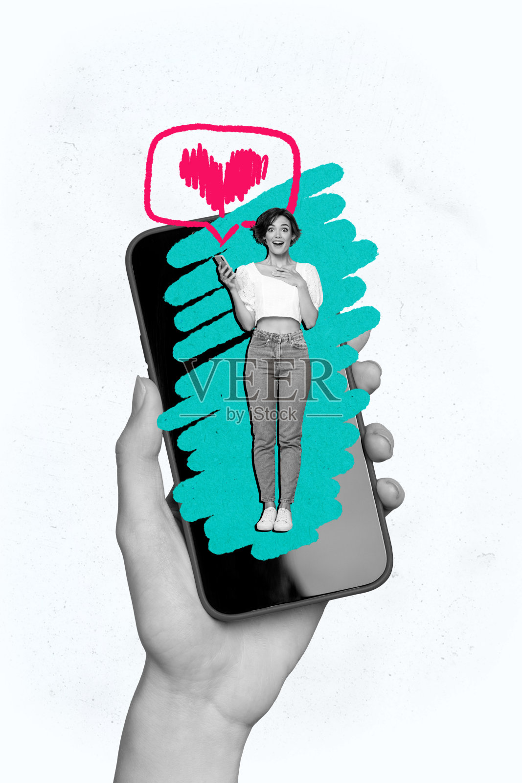 社交媒体应用的趋势艺术拼贴图，展示了一位年轻女士站在智能手机屏幕前，表达点赞的心形图案。照片摄影图片