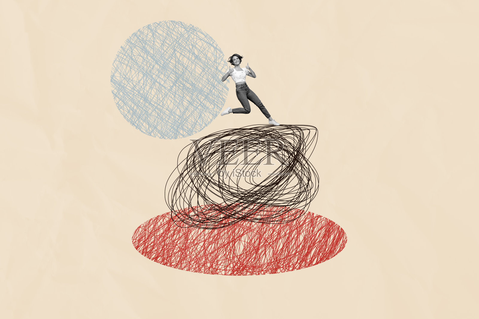 复合趋势艺术作品草图 3D 照片拼贴 充满想象的超现实空间 微型年轻女性竖起大拇指奔跑 思维混乱 解决问题照片摄影图片