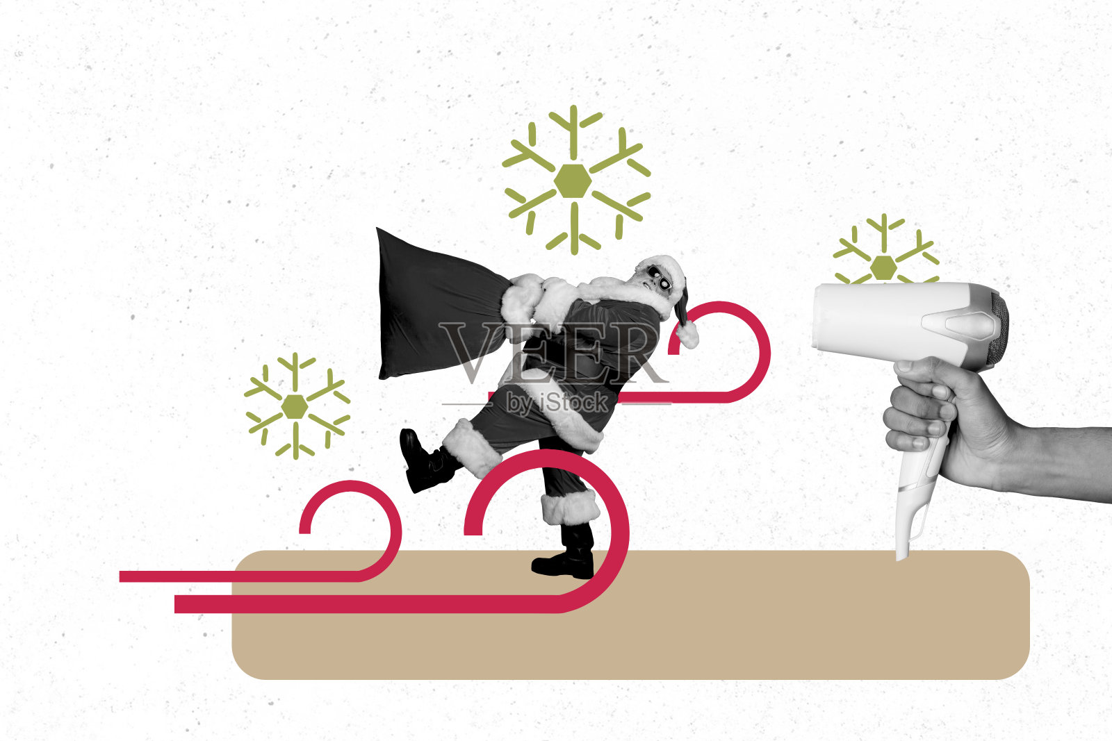 快乐的老年圣诞老人手提礼物袋，手持吹风机，周围飘落雪花，背景为涂鸦风格的画面。照片摄影图片