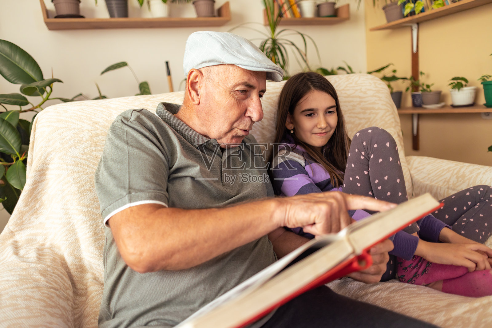 小女孩和她的祖父一起看书照片摄影图片