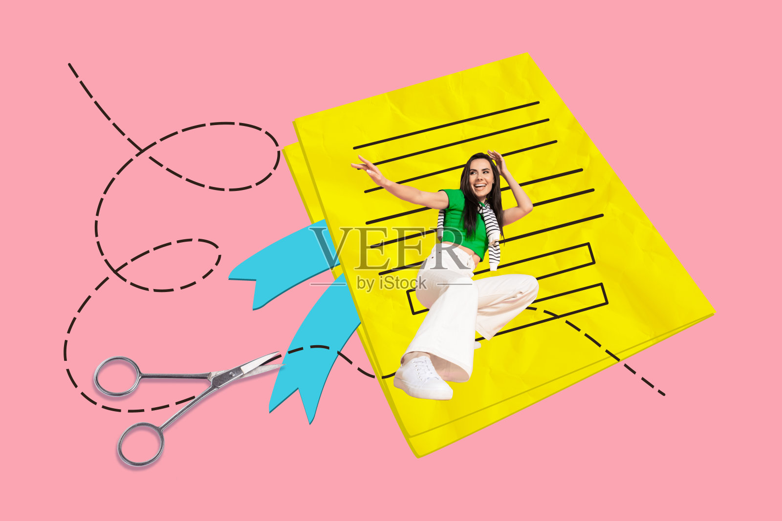 快乐女孩学生的拼贴照片，手工艺设计DIY作业，剪裁虚线，背景为涂鸦风格。照片摄影图片