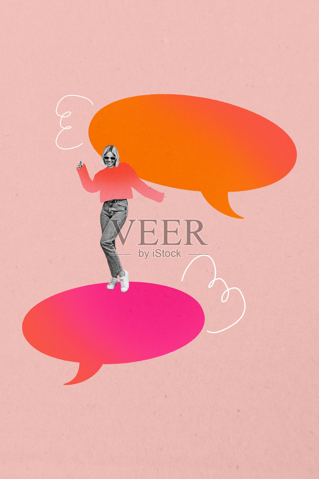 快乐女孩跳舞的垂直照片拼贴，交流云气泡，谈话，喋喋不休的短语，背景为涂鸦风格。照片摄影图片