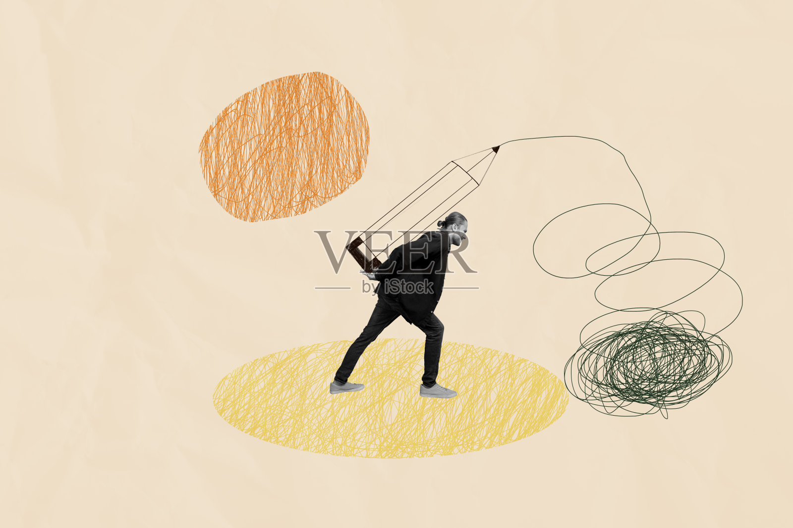 复合趋势艺术作品草图，图像拼贴，插图绘画线条涂鸦，微型年轻人走路，携带巨大的笔，线头混乱的草图照片摄影图片