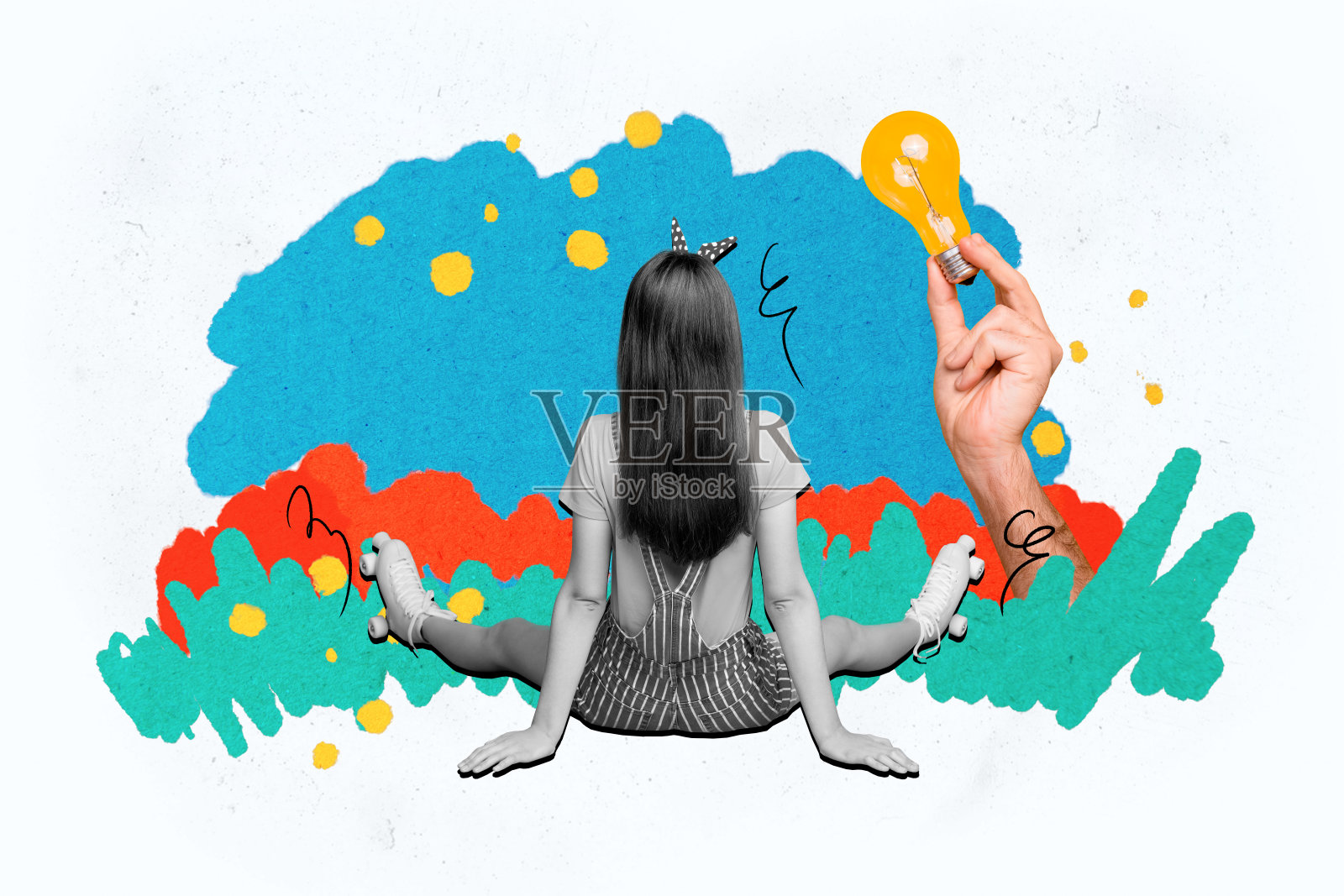 复合照片拼贴，匿名女孩穿着滑轮鞋，色彩斑斓的绘画，想象中的灯泡创意计划，背景为涂鸦风格。照片摄影图片