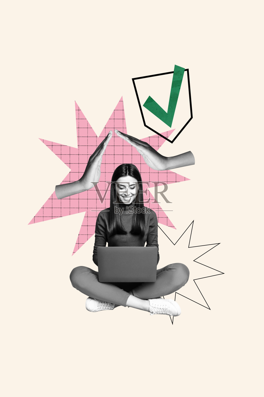 快乐的女商人自由职业者在笔记本电脑前竖直照片拼贴，做出勾选手势和击掌表示认可，背景为涂鸦风格。照片摄影图片