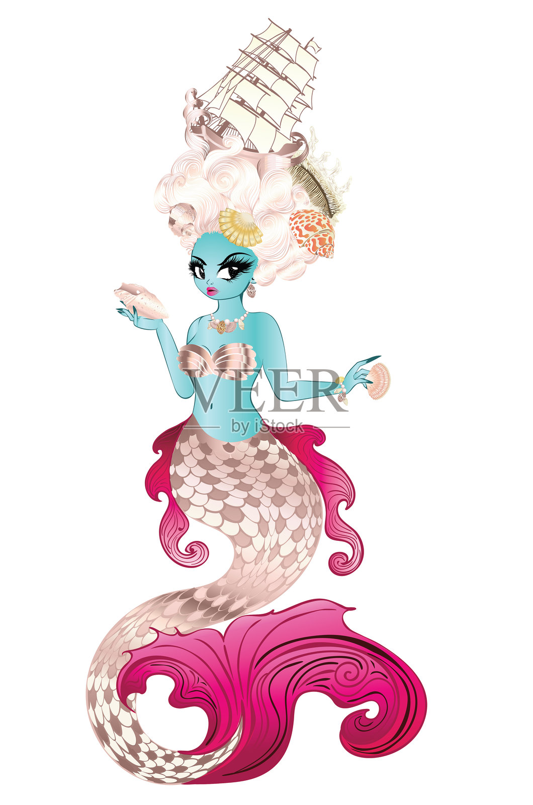 有着洛可可发型的美人鱼插画图片素材