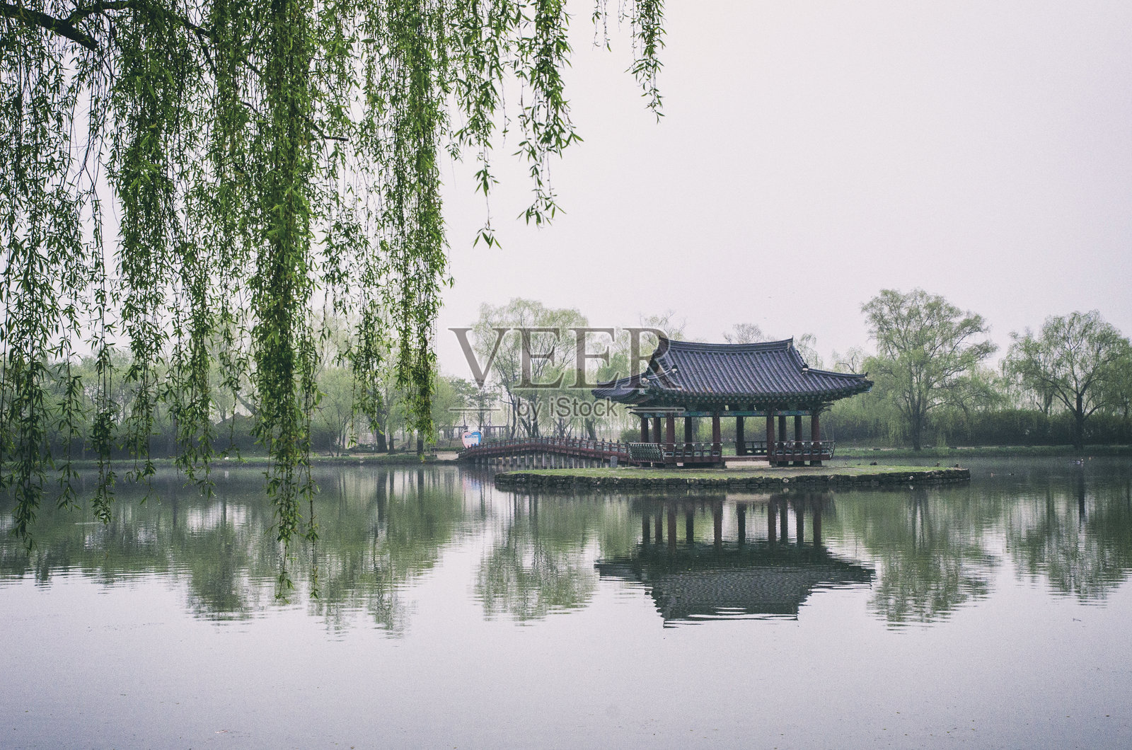宁静的黎明场景，韩国传统亭子和树木倒映在湖面上，四周环绕着轻柔的雾气照片摄影图片