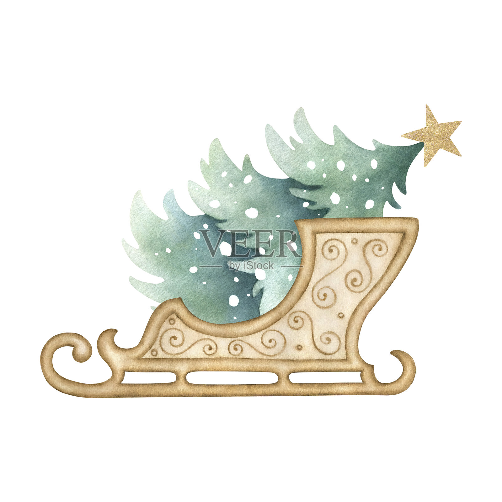 圣诞木雪橇，上面装饰着华丽图案的冷杉，覆盖着雪的云杉上方有一颗金色星星。手绘水彩插图，适用于新年贺卡、节日包装和设计。插画图片素材