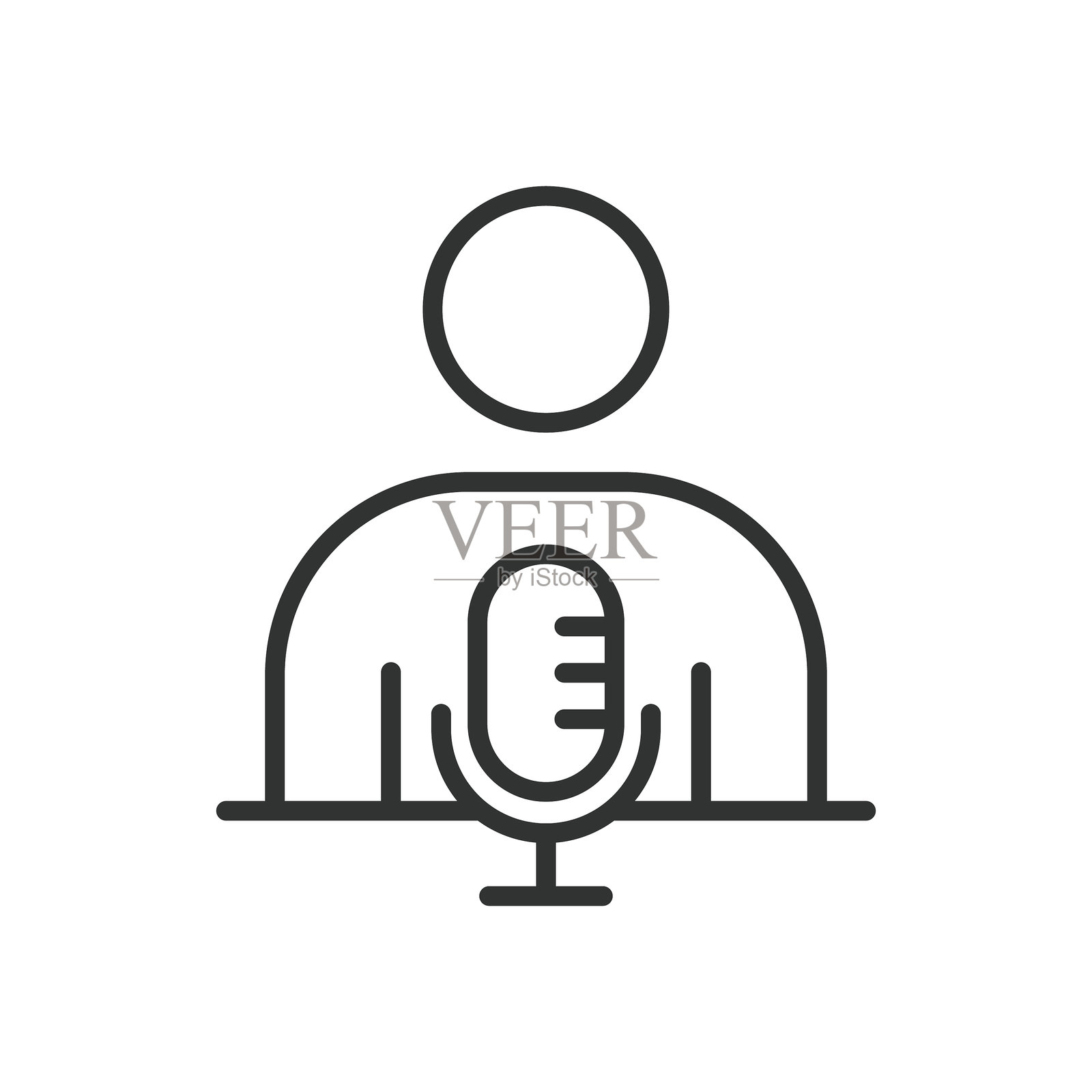 播客主持人，线条设计图标。播客、麦克风、音频录制、声音录制、广播、扬声器，白色背景上的矢量图。可编辑的播客主持人图标。插画图片素材