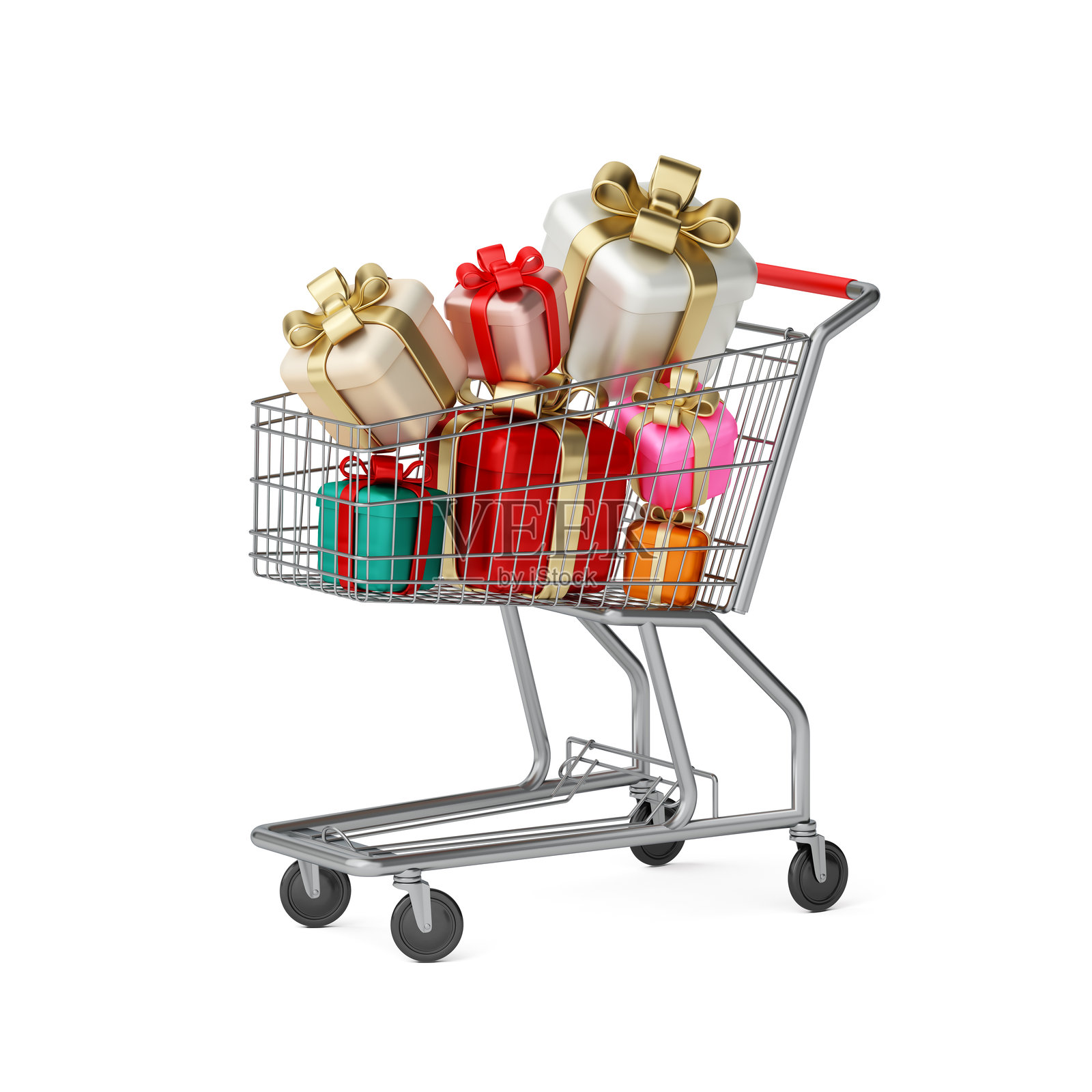 快乐购物。圣诞快乐，生日快乐，情人节快乐和新年节日奢华购物车，金色礼品盒，白色背景。圣诞装饰品。物体剪切路径。3D插图。照片摄影图片