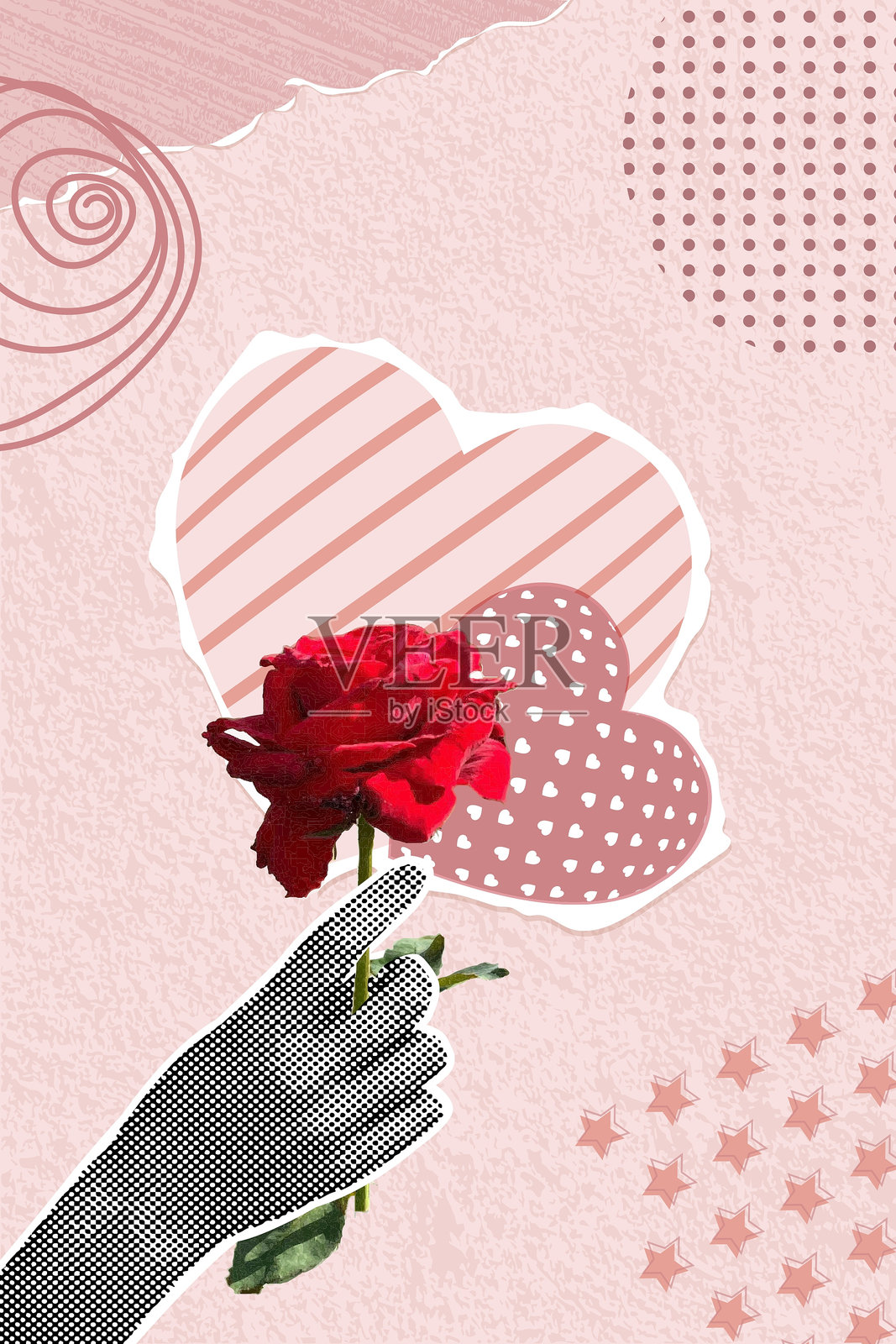 时尚的半色调拼贴画。手握玫瑰，背景是剪纸心形。90年代的潮流复古拼贴。插画图片素材