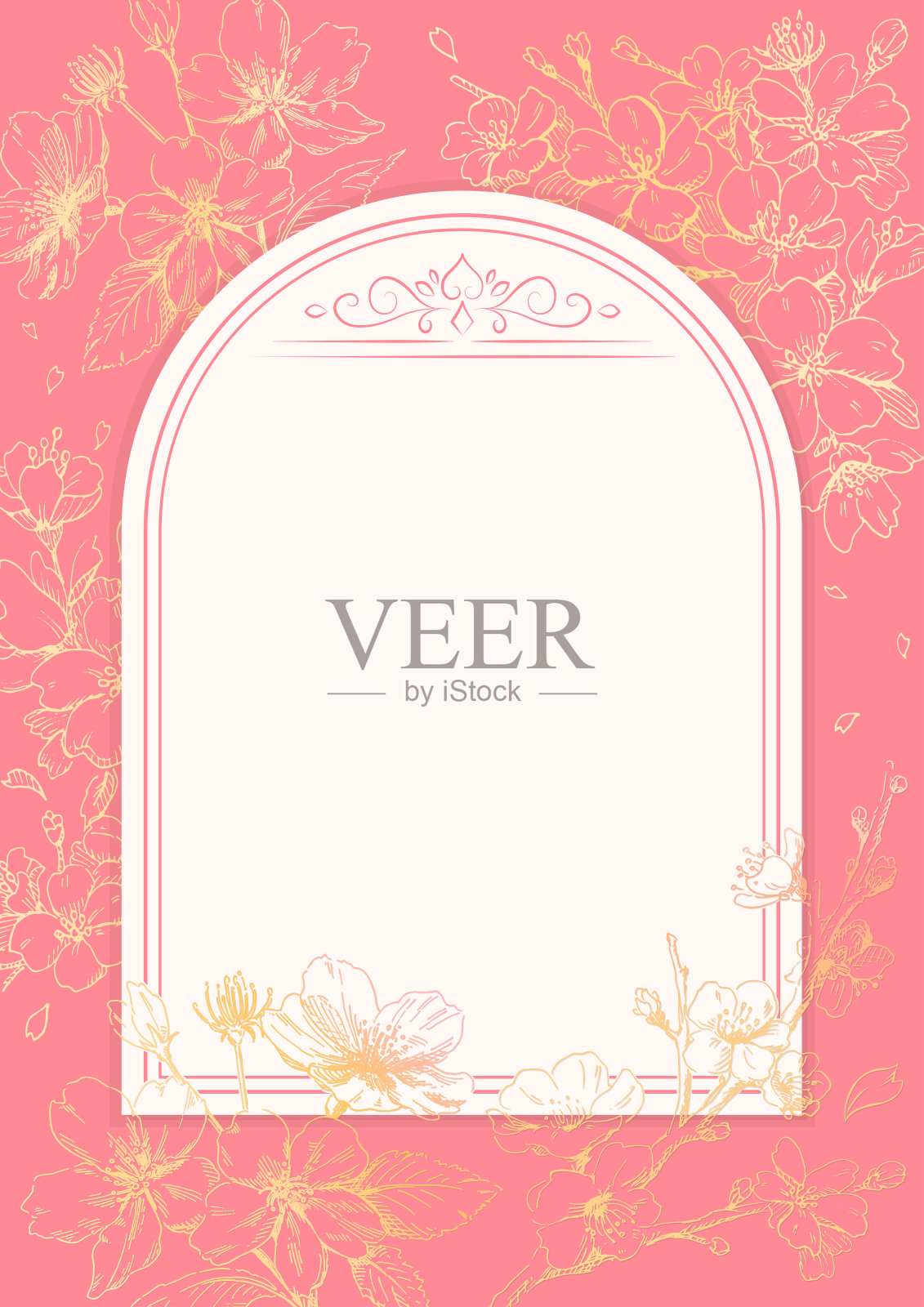 带有樱花春季设计元素的卡片模板，金色线条绘制，粉色背景插画图片素材