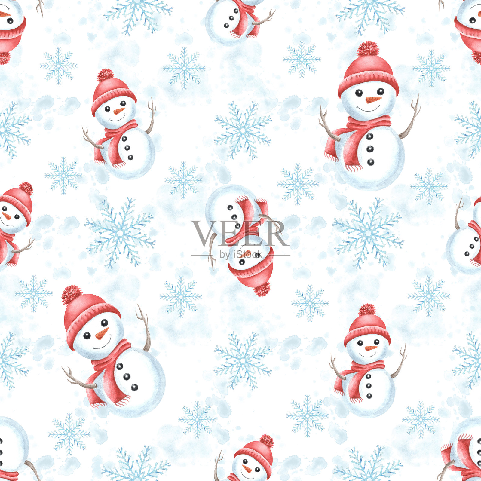 戴红色帽子和围巾的雪人，伴随雪花。冬季无缝图案，适用于节日设计。手绘水彩插图。圣诞节和新年印刷、壁纸、包装、面料的模板。插画图片素材