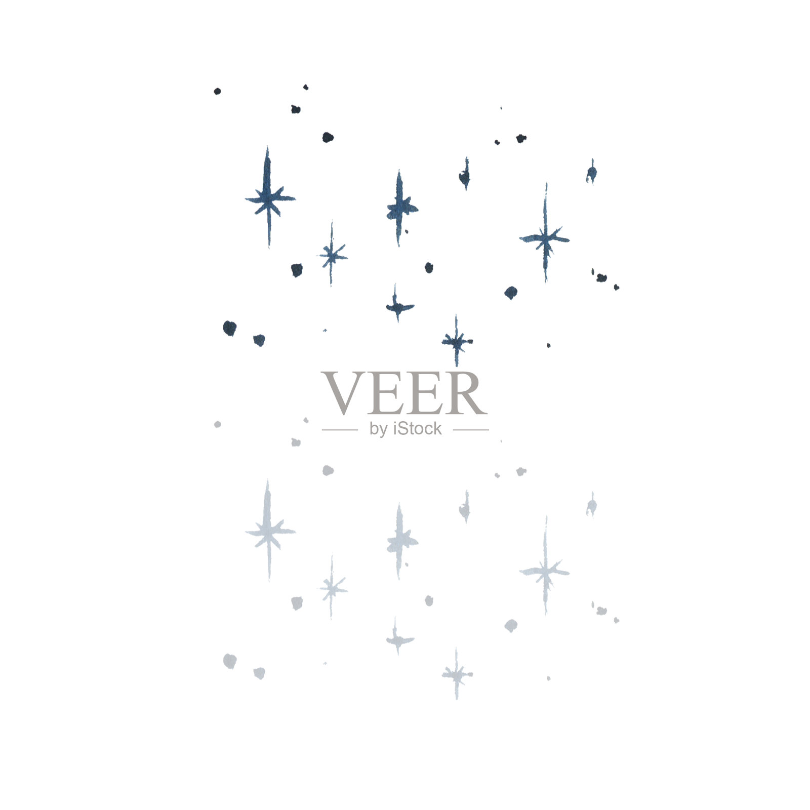 闪烁的星星，小而暗，带有光点，四角形和点状，闪亮星星的装饰簇。水彩插图手绘。元素组与背景隔离。插画图片素材